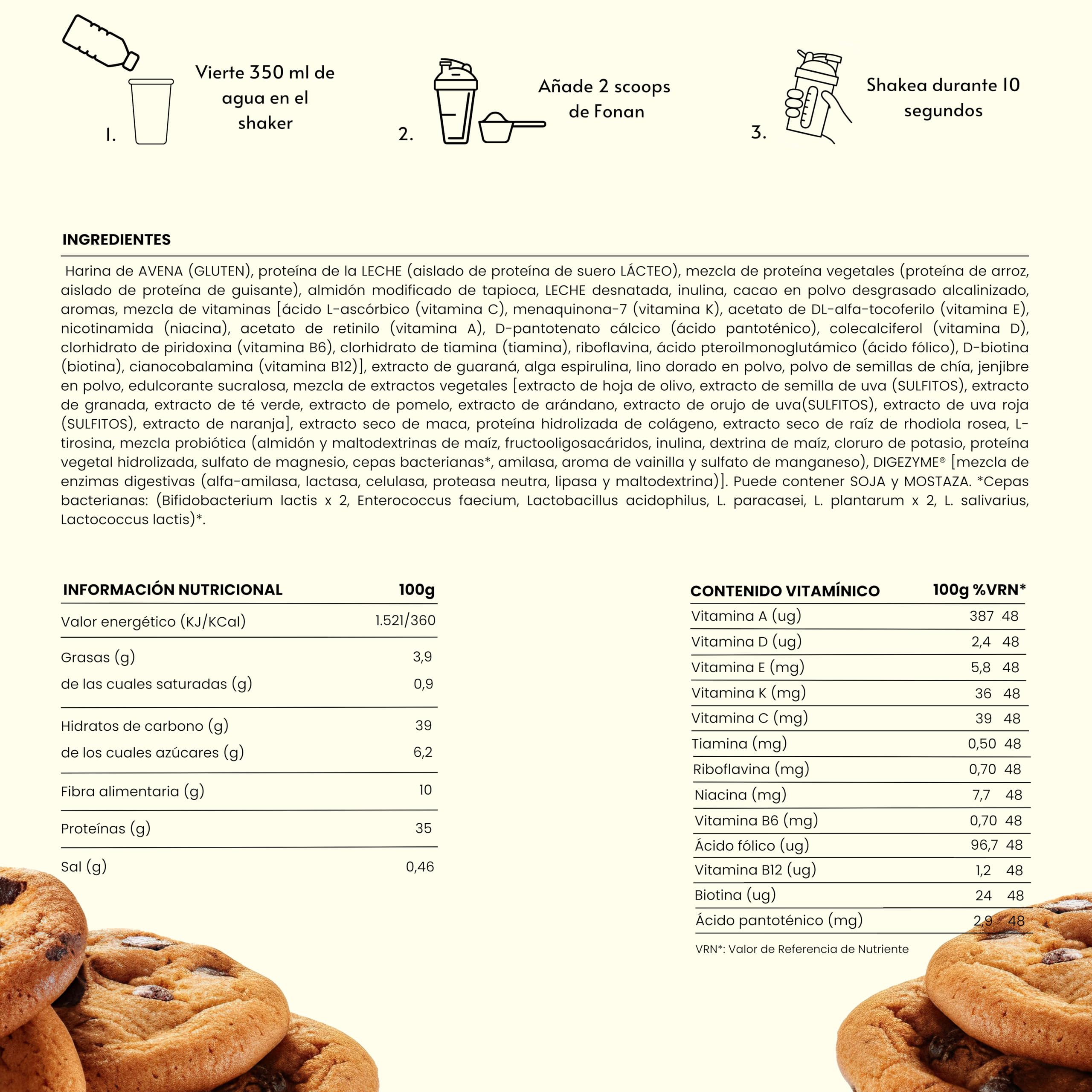 FONAN Batidos Sustitutivos de Comida y Desayuno con Enzimas DigeZyme y Probioticos - Batidos Saciantes Completos y Sanos con Proteina, Carbohidratos, Vitaminas, Minerales y Superalimentos COOKIES