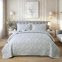 Vista 20 de DURLENGEN - Juego de edredón de algodón 100% patchwork beige y azul, reversible bohemio con patrón de hojas y flores en blanco, juegos de cubrecama