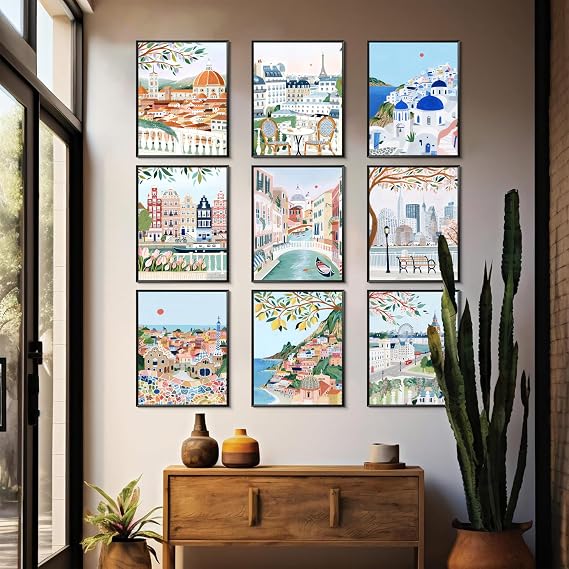 Vintage Travel Cities Posters Wall Art Set of 9, Trendy Modern Colorful Landscape Wall Decor, Europe Italy Cities Canvas Art Prints Painting for Living Room Bedroom Bathroom Home Decor 8x10 Unframed