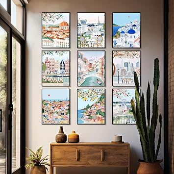 Vintage Travel Cities Posters Wall Art Set of 9, Trendy Modern Colorful Landscape Wall Decor, Europe Italy Cities Canvas Art Prints Painting for Living Room Bedroom Bathroom Home Decor 8x10 Unframed