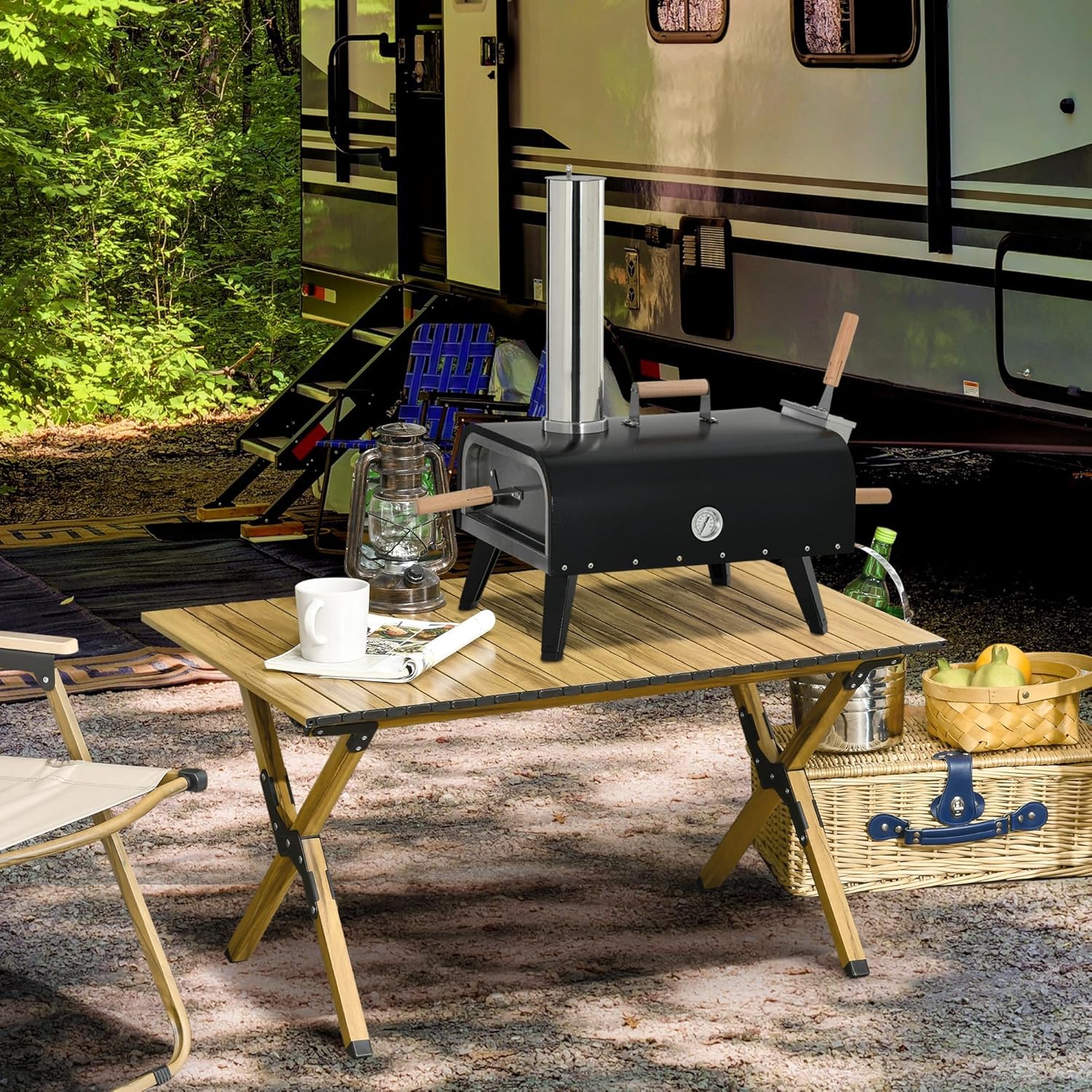 Outdoor Pizza Oven with 12" Stone, Peel and Cover, Portable Pellet Wood Fired Pizza Maker with Foldable Legs, Stainless Steel Pizza Grill for Outside, Backyard, Outdoor Kitchen