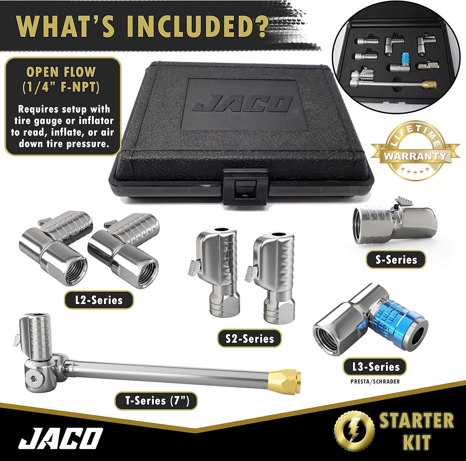 JACO Lightning Tire Inflator Kit (JSP-7500) | with FlowPro Digital Tire Inflator Gauge (200 PSI) and Patented Lightning Air Chuck Starter Kit (7 Pack)