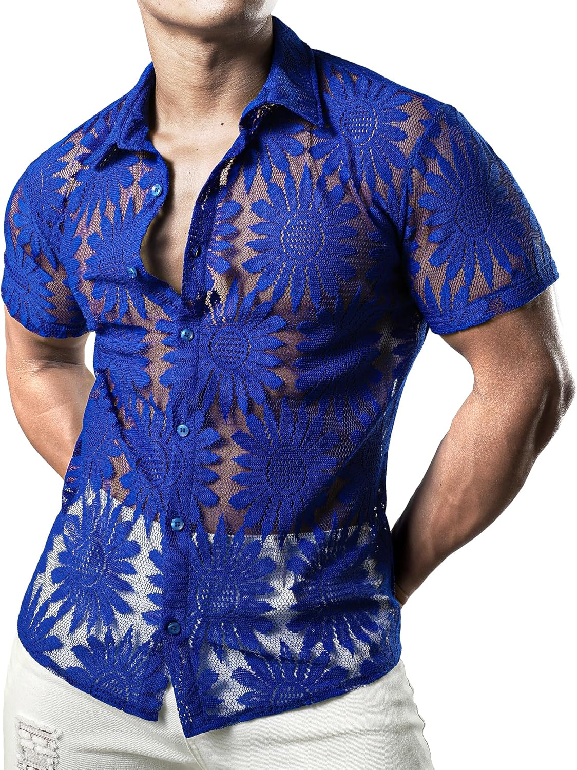 JOGAL Mens Floral Lace Shirt See Through Casual Button Down Shirts - Image 4