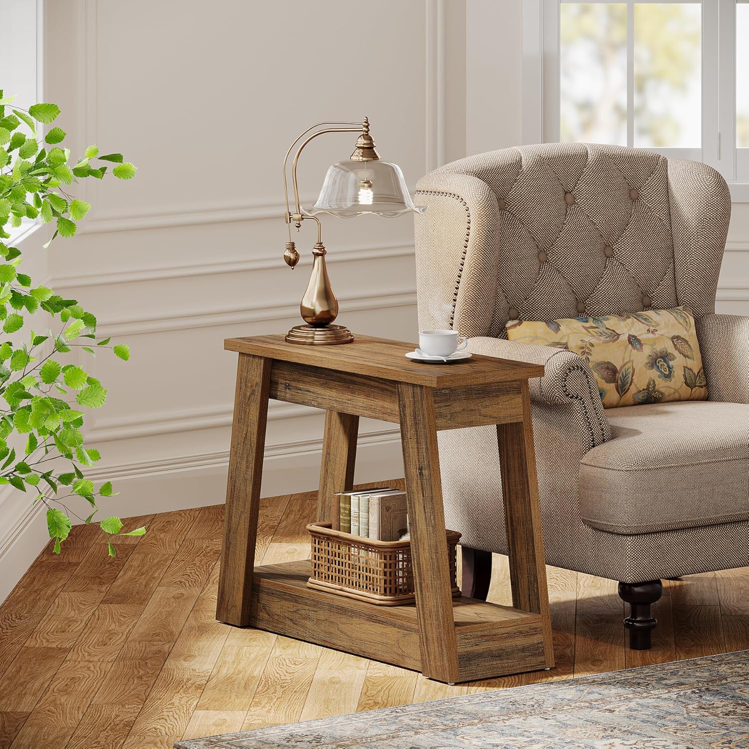 Tribesigns Wood End Table, Small Side Table with 2 Storage Shelves, Rustic Accent Narrow Nightstand for Living Room, Bedroom (1, Rustic Brown)