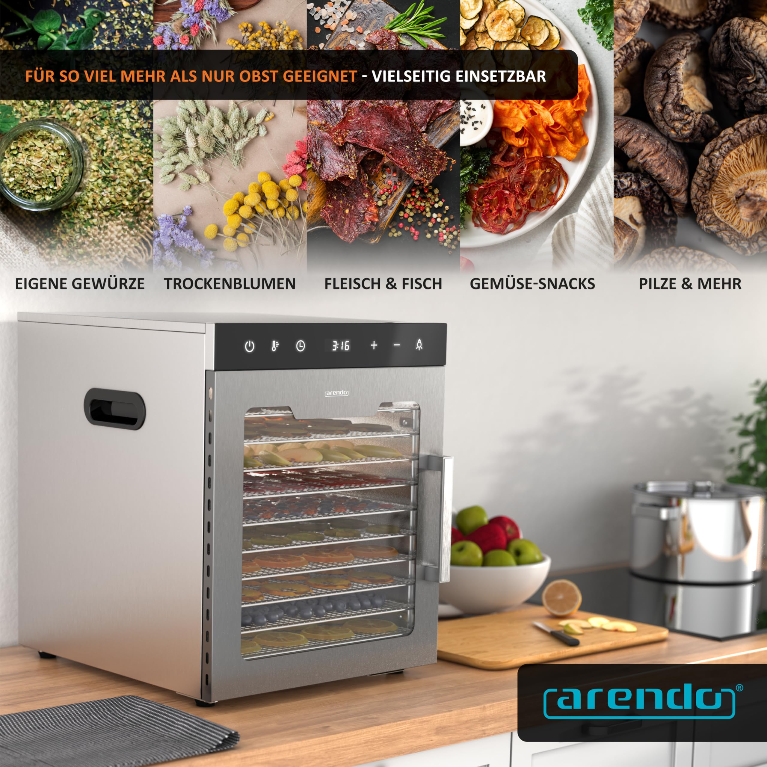 Arendo - Dörrautomat Edelstahl mit 12 Edelstahlgitter - 800 W - 30°- 90°C - 12 Edelstahl Einlegetabletts mit insgesamt 10.000 cm² - Dörrgerät Dehydrator Obsttrockner Dörrapparat - Obst Fleisch Pilze