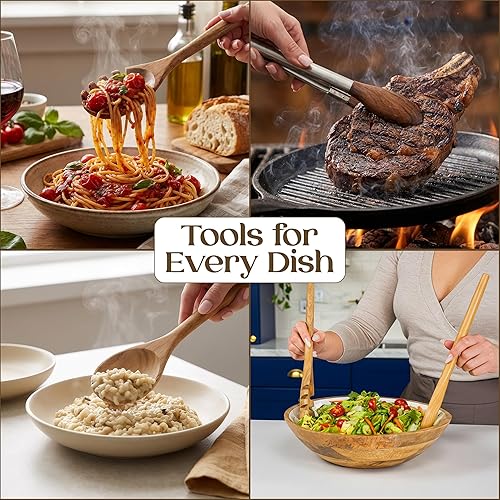 Miniatura 5 de Juego de 8 cucharas de cocina de madera de teca, juego de utensilios de madera con espátula raspador, cuchara para pasta, pinzas de arroz para