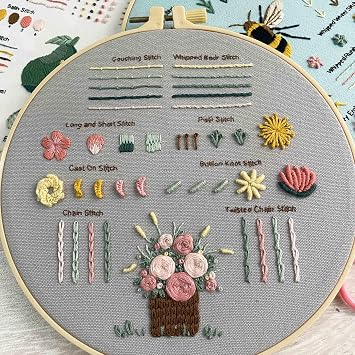 Myfelicity 3 Embroidery kit for Beginners, Embroidery Starter Kits to Learn 28 Different Stitches, Including Fabric with Prints, Threads, Needles, Hoop and Video tutorials…