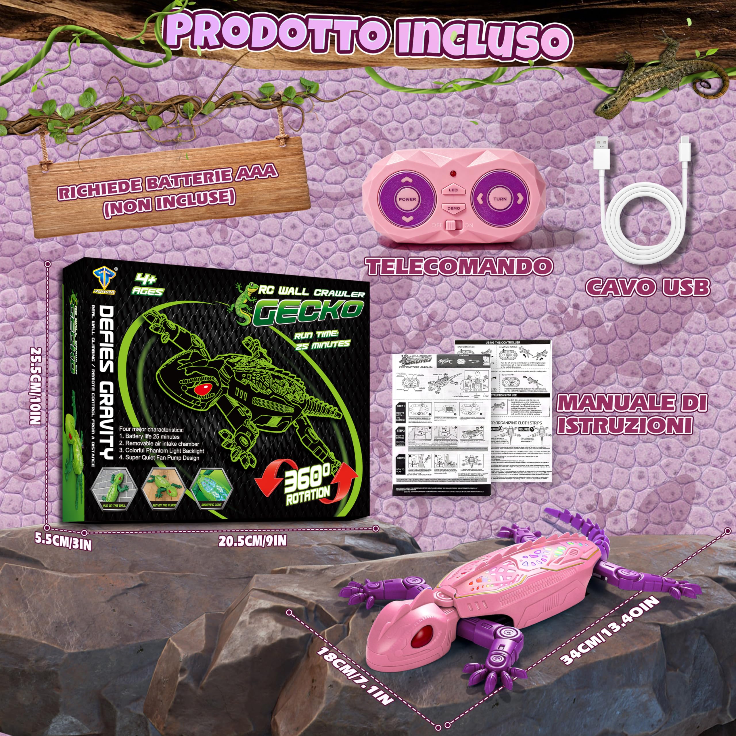 FORMIZON Geco Telecomandato con 9 Illuminazione, Lucertola Telecomandata Muro, Geco Che Si Arrampica Sui Muri, Movimenti Realistici, Regalo Interattivo Per Ragazzi E Ragazze dai 3 Anni In Su (Rosa)