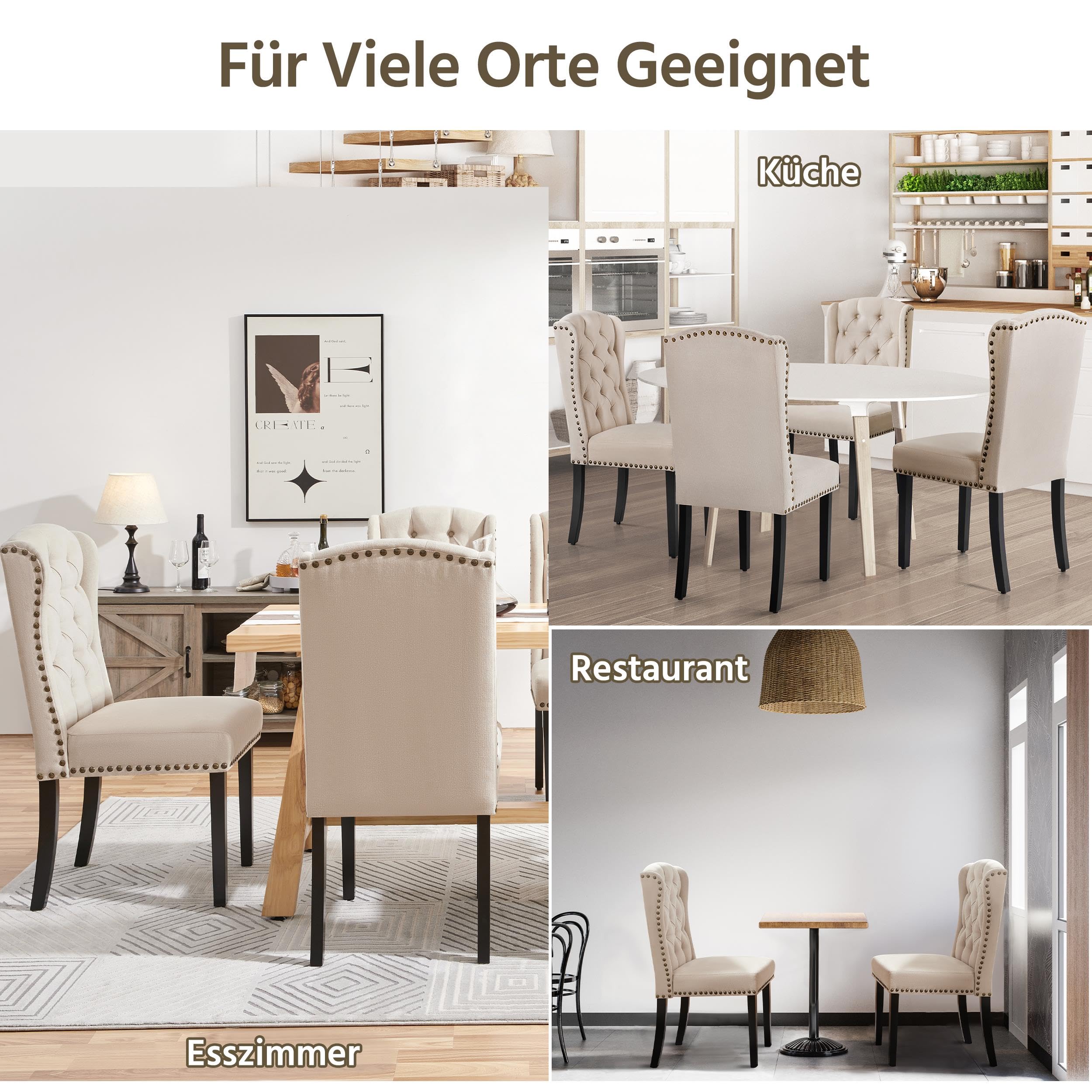 Yaheetech 2-er Set Küchenstuhl mit Flügelförmigen Rückenlehne, Polsterstuhl Esszimmerstuhl bis 140 kg Belastbar fürs Esszimmer/Küche/Wohnzimmer/Schlafzimmer, beige