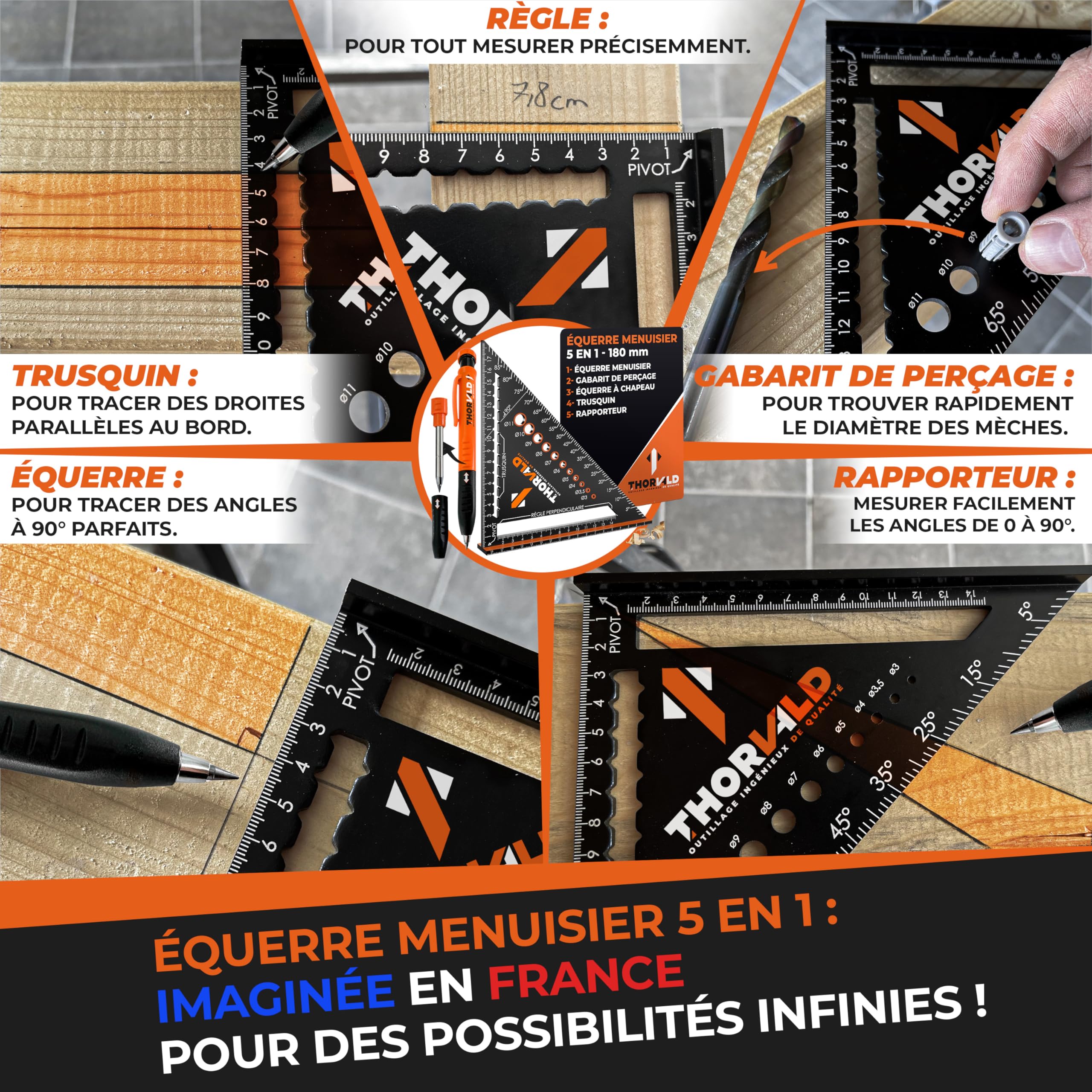 THORVALD Pack 7 en 1 Equerre Menuisier 180 mm + Charpentier 300 mm + Crayon Chantier - Multifonction : Trusquin/Raporteur/Pente de toit/Equerre a chapeau - Aluminium - Outil pour gagner du temps