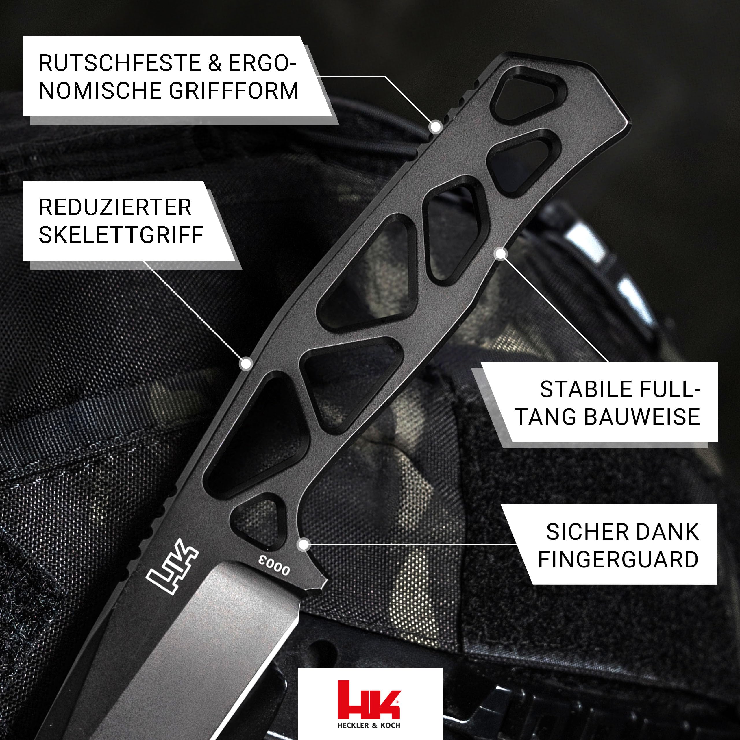 HECKLER & KOCH® FX01 - feststehendes Skelett Messer 42a konform - taktisches Einsatzmesser mit Kydex-Scheide & Gürtel-Clip - EDC Neck Knife mit 7,5 cm Tanto Klinge schwarz - Vollmetall Outdoormesser