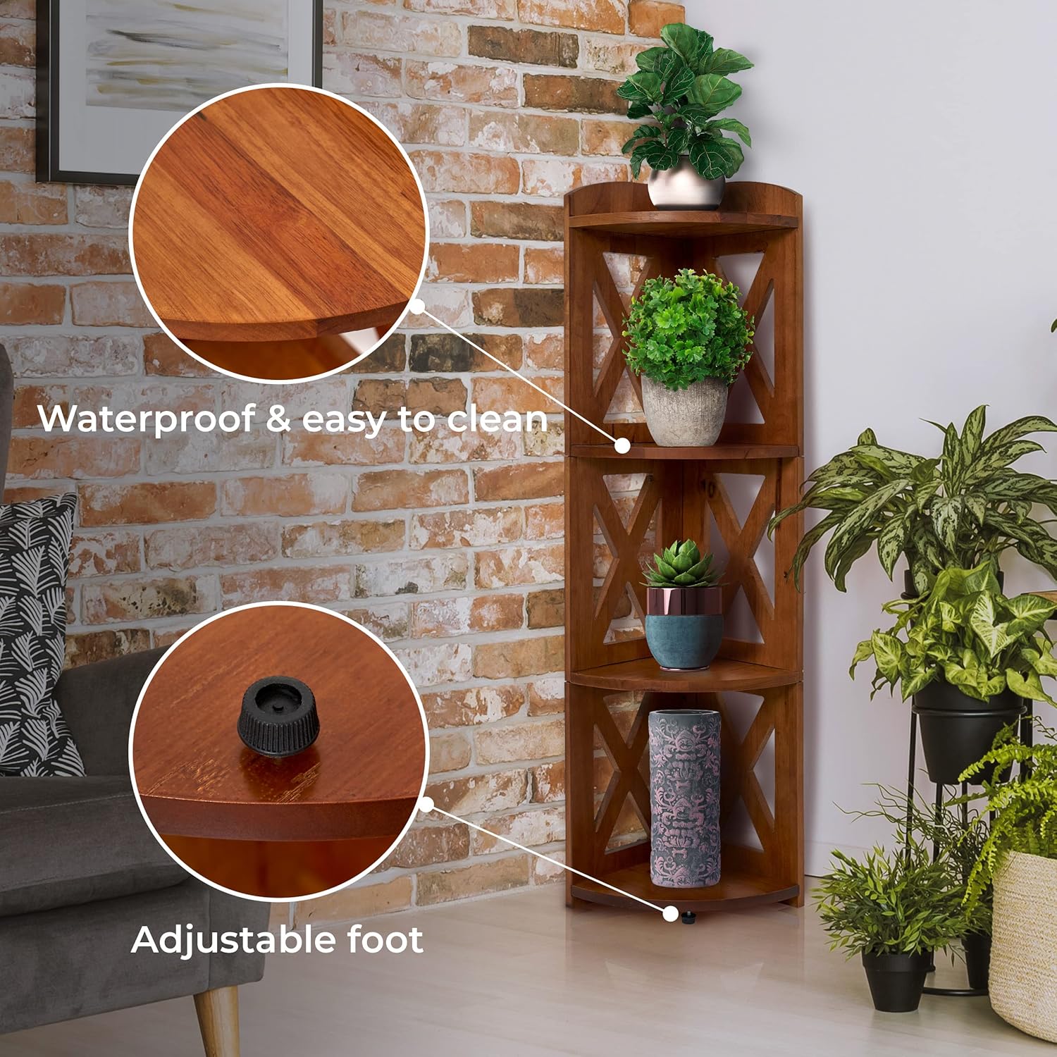 NHZ Corner Shelf Stand,100% Natural Wood Corner Bookshelf, Corner Bookcase and Plant Stand (Brown, 4 Tier) 4 tier Brown