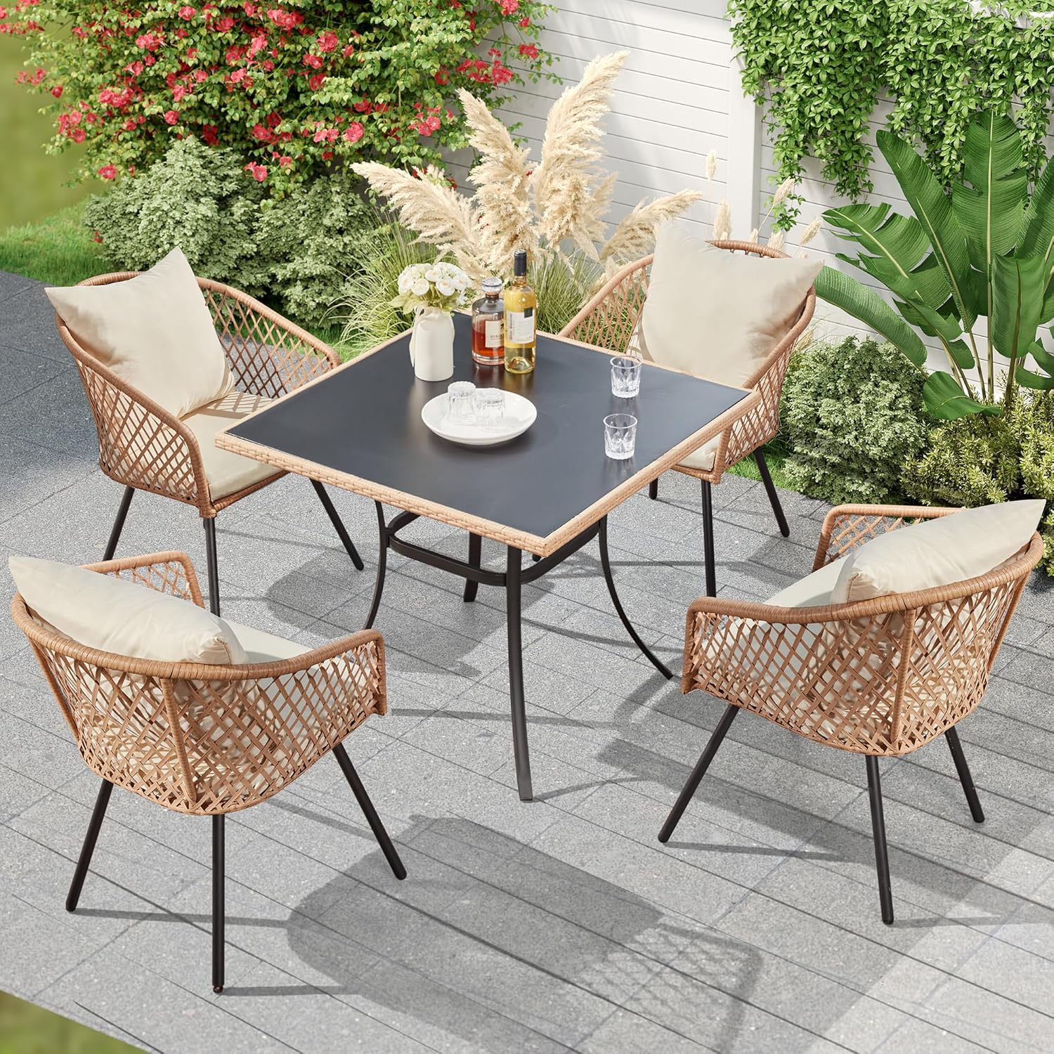 35.2-Inch Square Outdoor Dining Table, Weather-Resistant Rattan & Steel Frame with Tempered Glass Top, 4-Person Patio Furniture for Garden, Balcony, Backyard, Modern Black Bistro Table(Only Table)