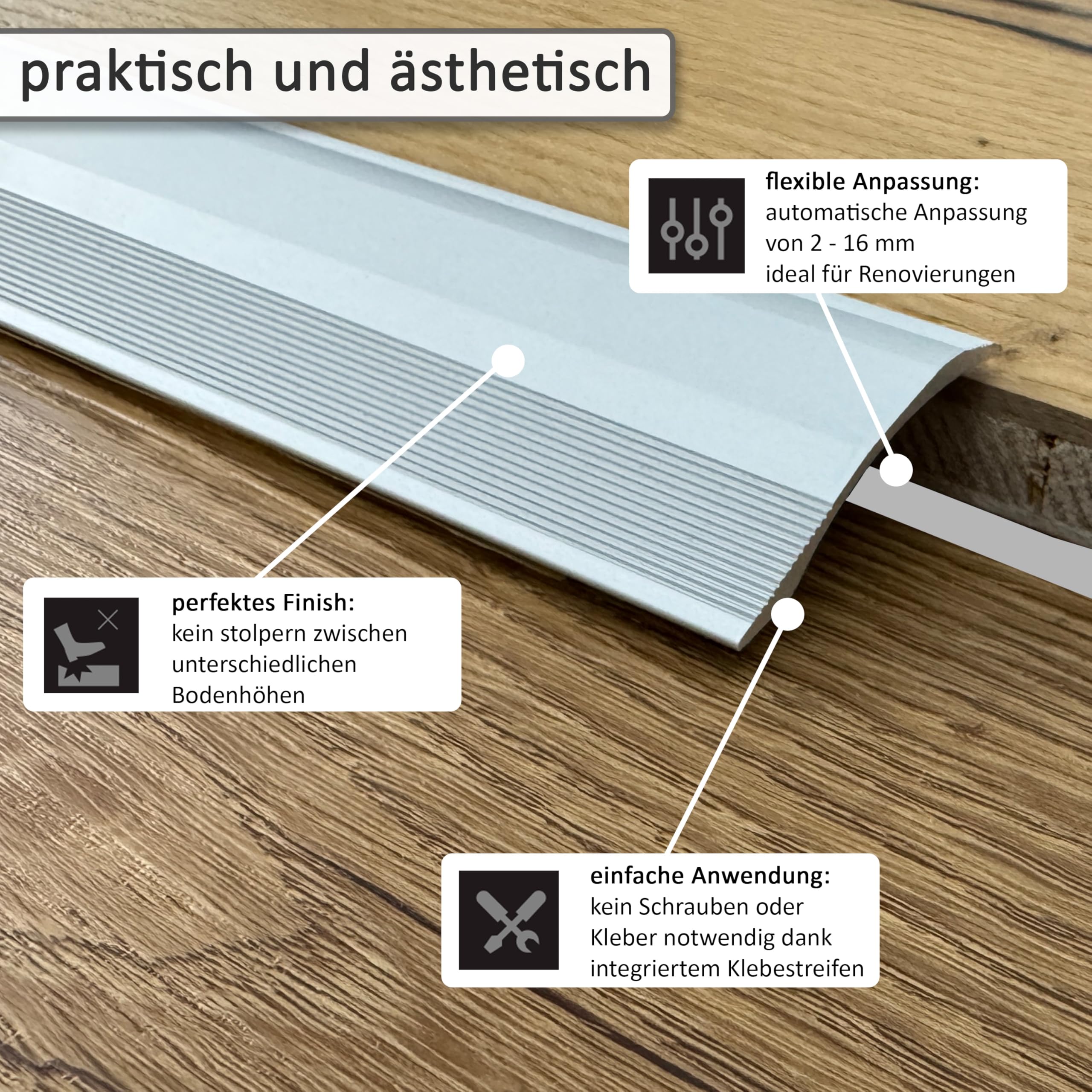 ufitec samoprzylepny profil przejściowy, listwa przejściowa wyrównująca wysokość do 16 mm, z aluminium, profil dopasowujący 40 mm x 100 cm, profil wyrównujący wysokość (srebrny, 190 cm)
