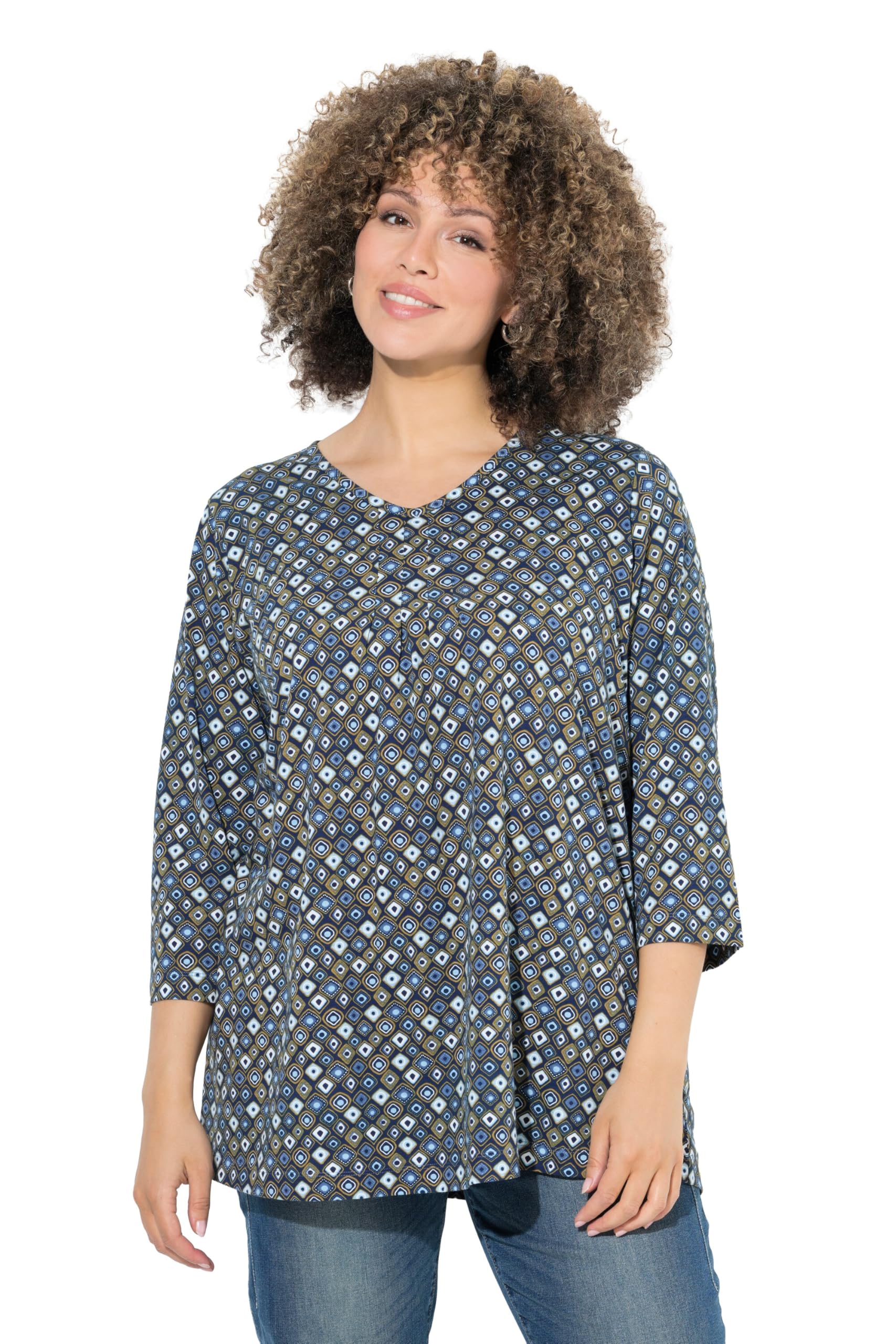 Ulla Popken Damen große Größen Übergrößen Plus Size Shirt, grafischer Druck, A-Linie, V-Ausschnitt, 3/4-Arm 844393