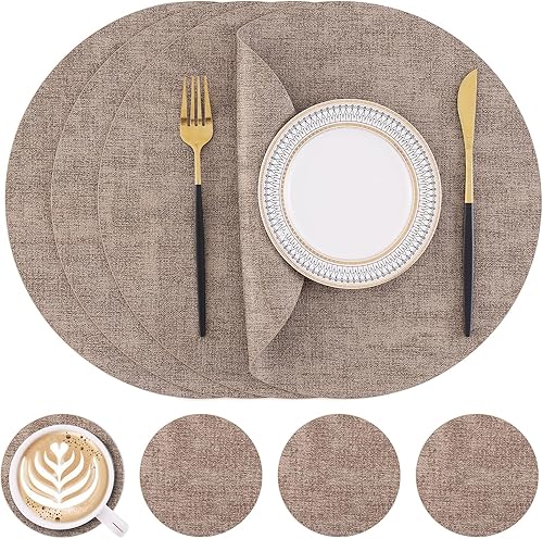 Miniatura 38 de Homaxy - Juego de 6 manteles individuales redondos de piel sintética y posavasos, lavables, de doble cara, manteles individuales de mesa, manteles