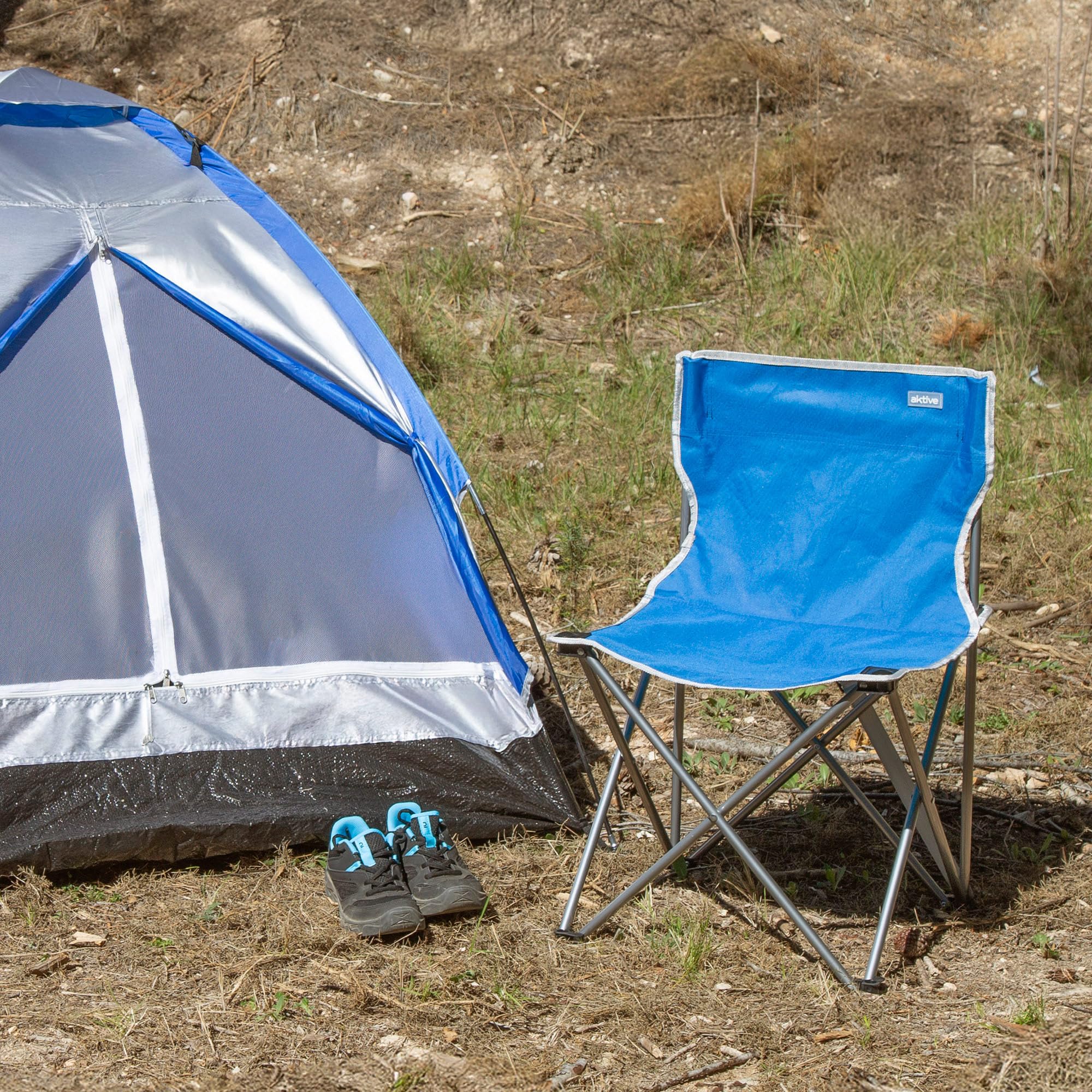 AKTIVE Pack 4 sillas Camping, 43x43x71 cm, Azul y Gris, Soporta 110 kg, Asiento Alto 40 cm, Antivuelco, Asa Transporte Lateral, Plegado Compacto, Sin Tubo Delantero (85563)