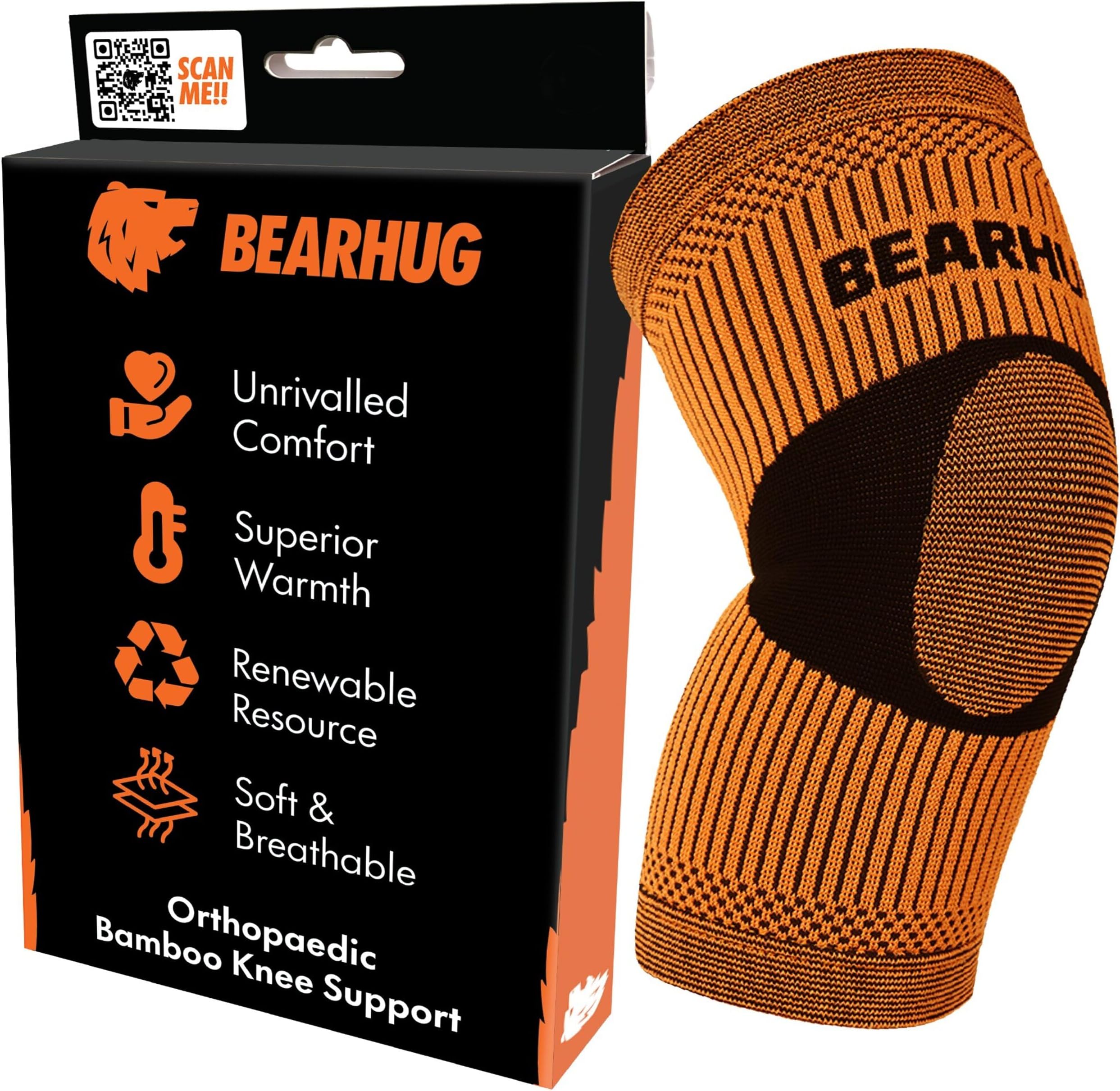 Bearhug Bamboo Knee Support – Brace for Running & Arthritis, Men & Women | Breathable bamboo knee compression sleeve with anti-slip silicone for running, weightlifting & sports; aids pain relief