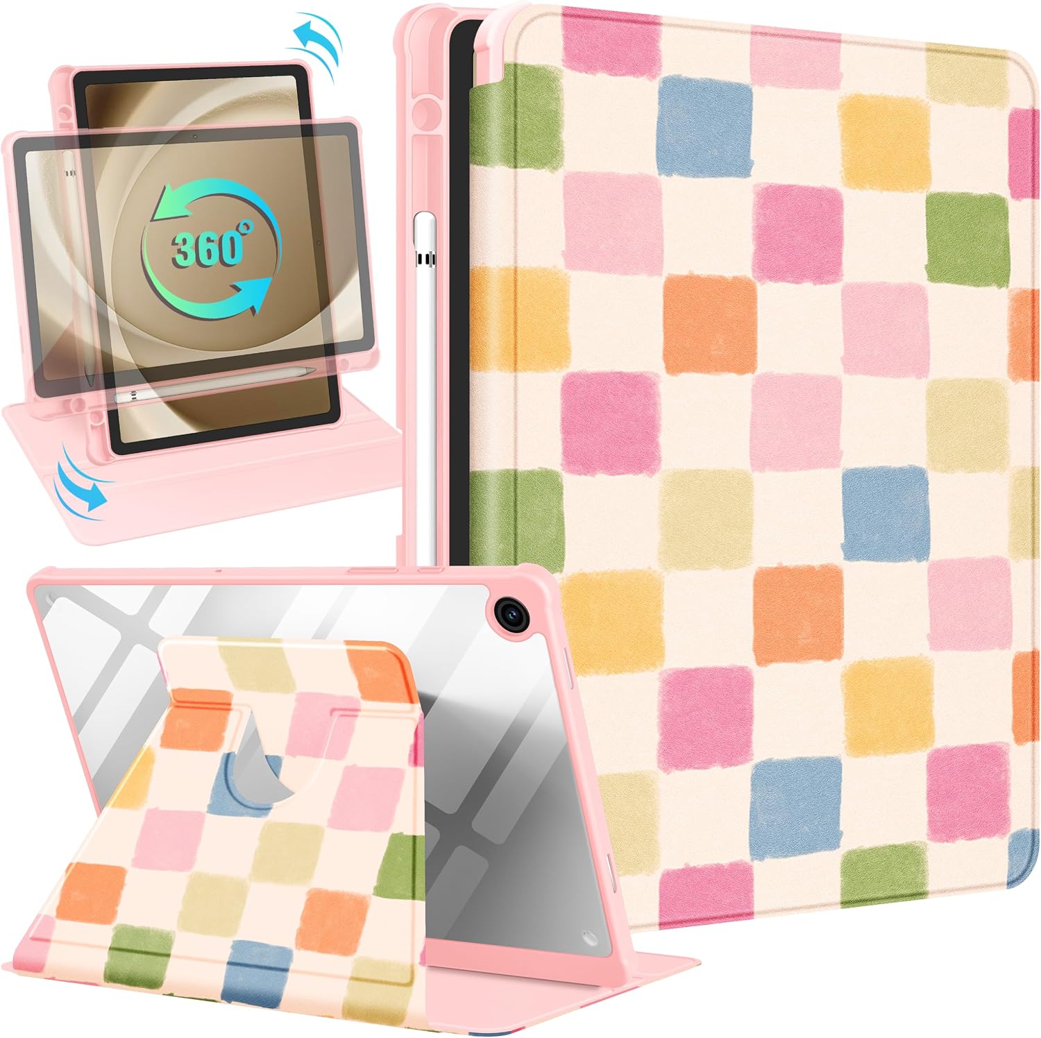 Uppuppy for Samsung Galaxy Tab A11+ 2025/A9+ 2023 Case - 360 Degree Rotating Stand Folio Smart Cover with Pencil Holder for Women Girl, Colorful Checkered for Samsung A9 Plus/A11 Plus Tablet Case 11"