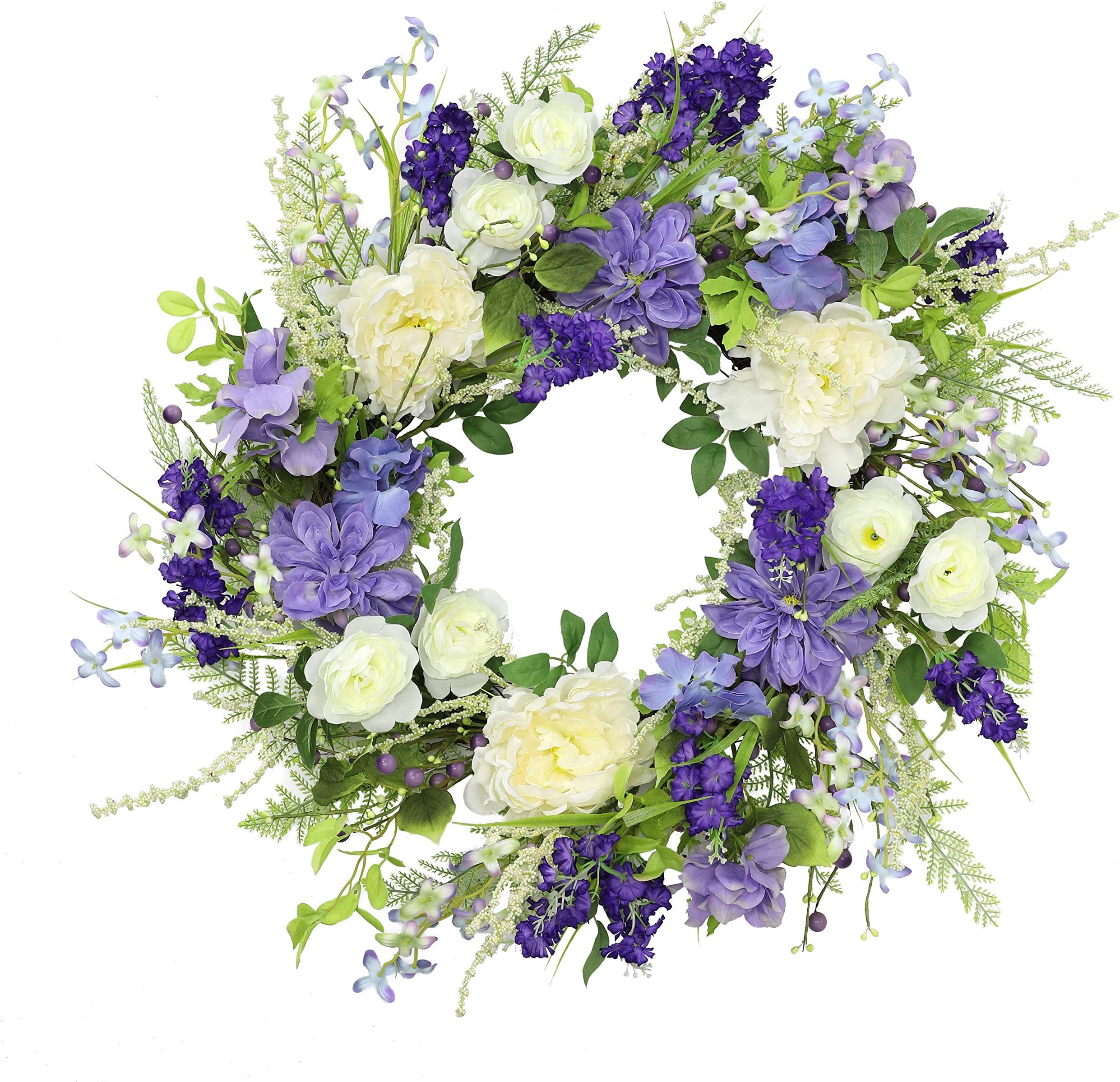 24 Inch Spring Greenery & Wild Flower Wreath - Large Full Grapevine Wreath For Front Door Decor
