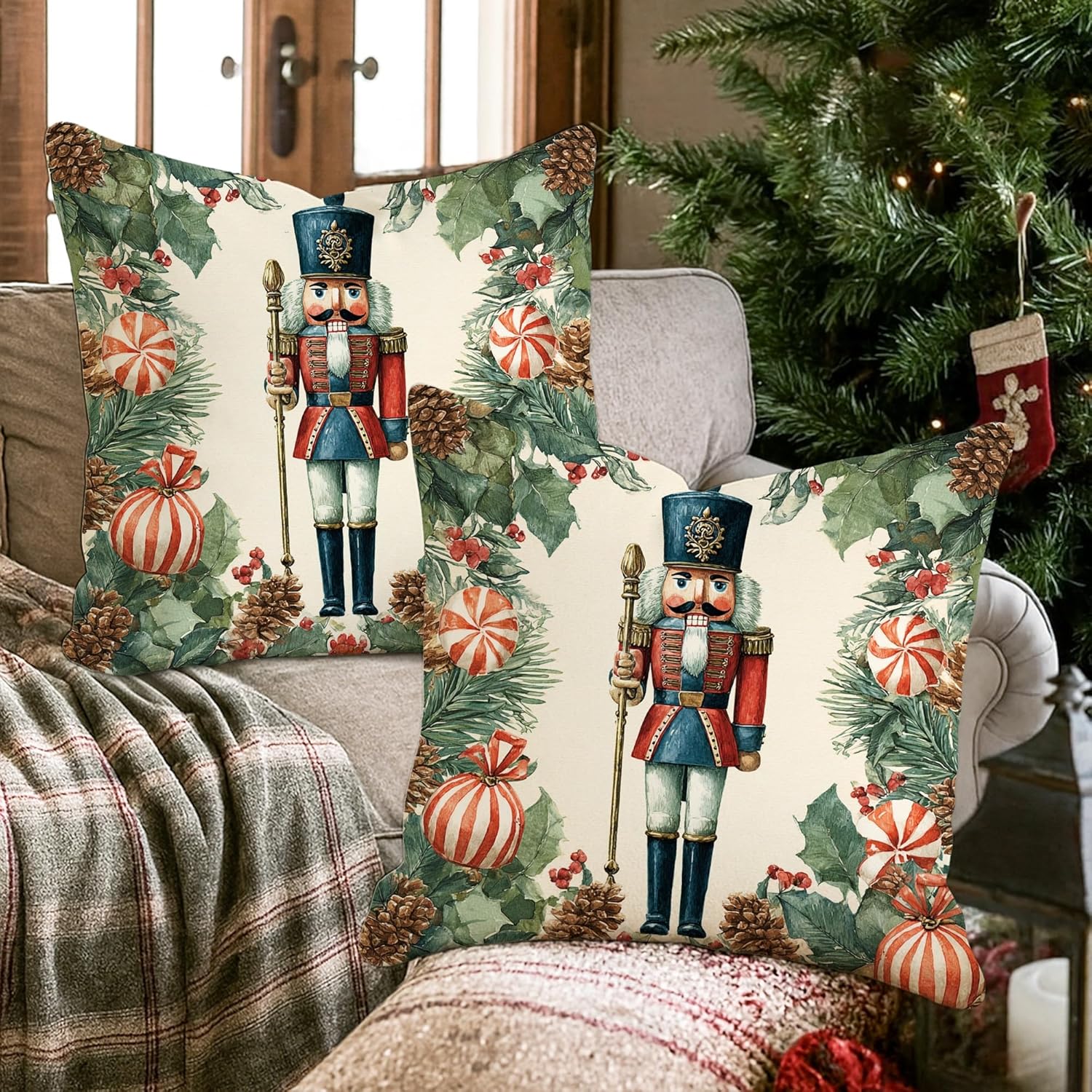 Christmas Throw Pillow Covers Set of 2, Nutcracker Holiday Decorative Cushion Covers, Festive Square Farmhouse Decor for Home Sofa Bed Couch 26x26 Inch