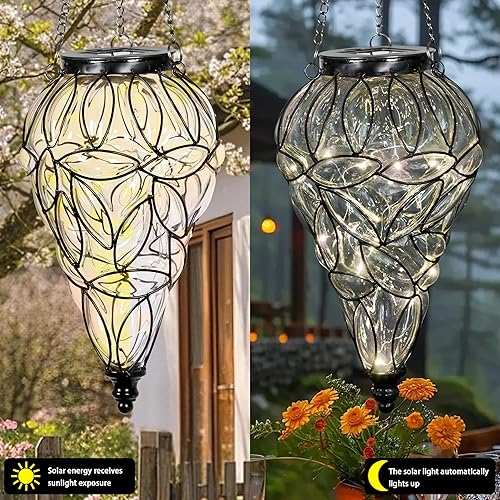 Miniatura 5 de Farol solar colgante para exteriores, luces de jardín para exteriores, linterna colgante de vidrio y metal en forma de lágrima, 15 luces LED de