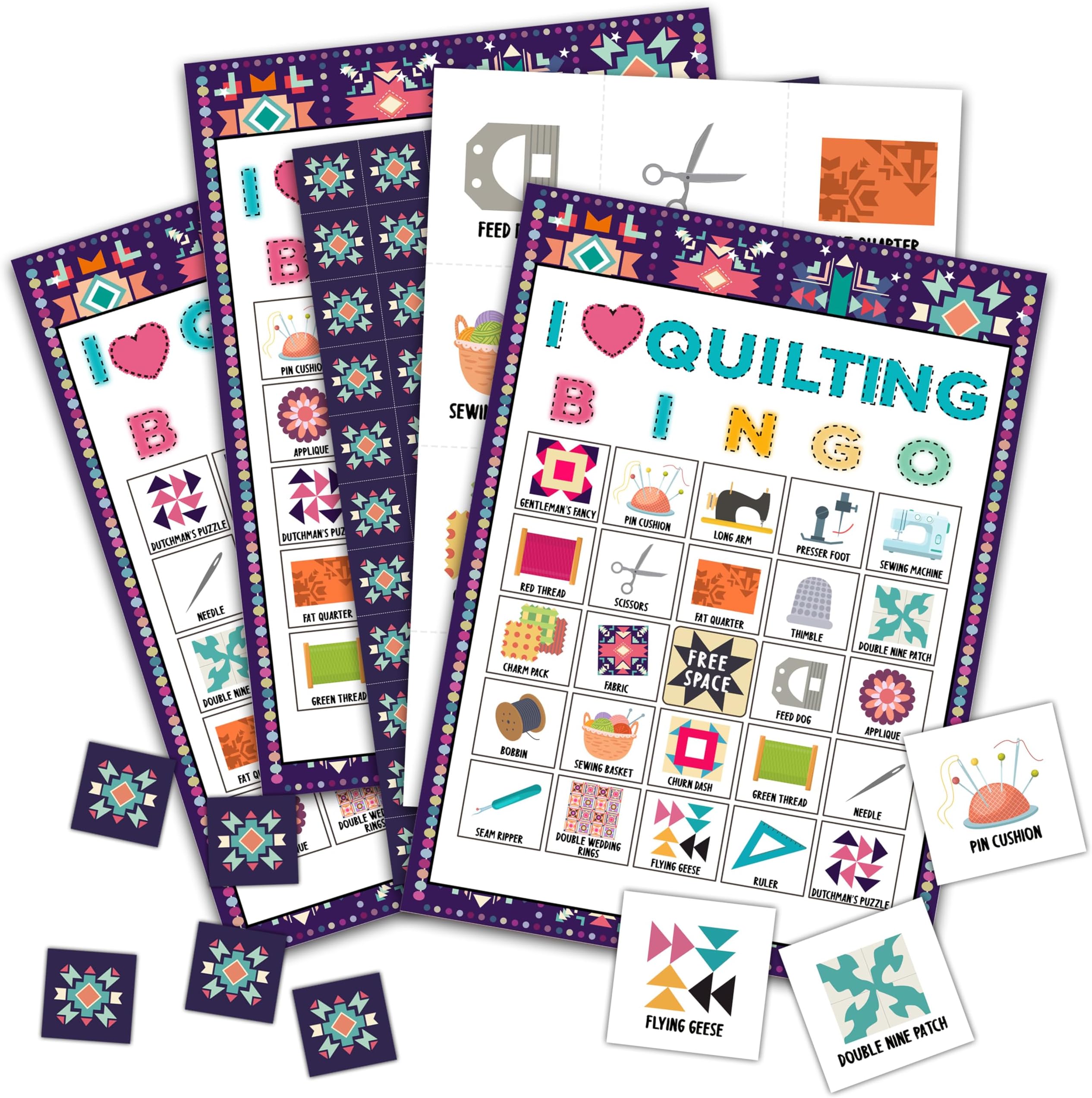 Quilt Bingo Game Cards 24 Players Quilting Birthday Bingo Game for Adults Family Vacation, Outdoor Indoor Activities Card Games Quilt Retreat Gifts for Quilt Guild Game/06