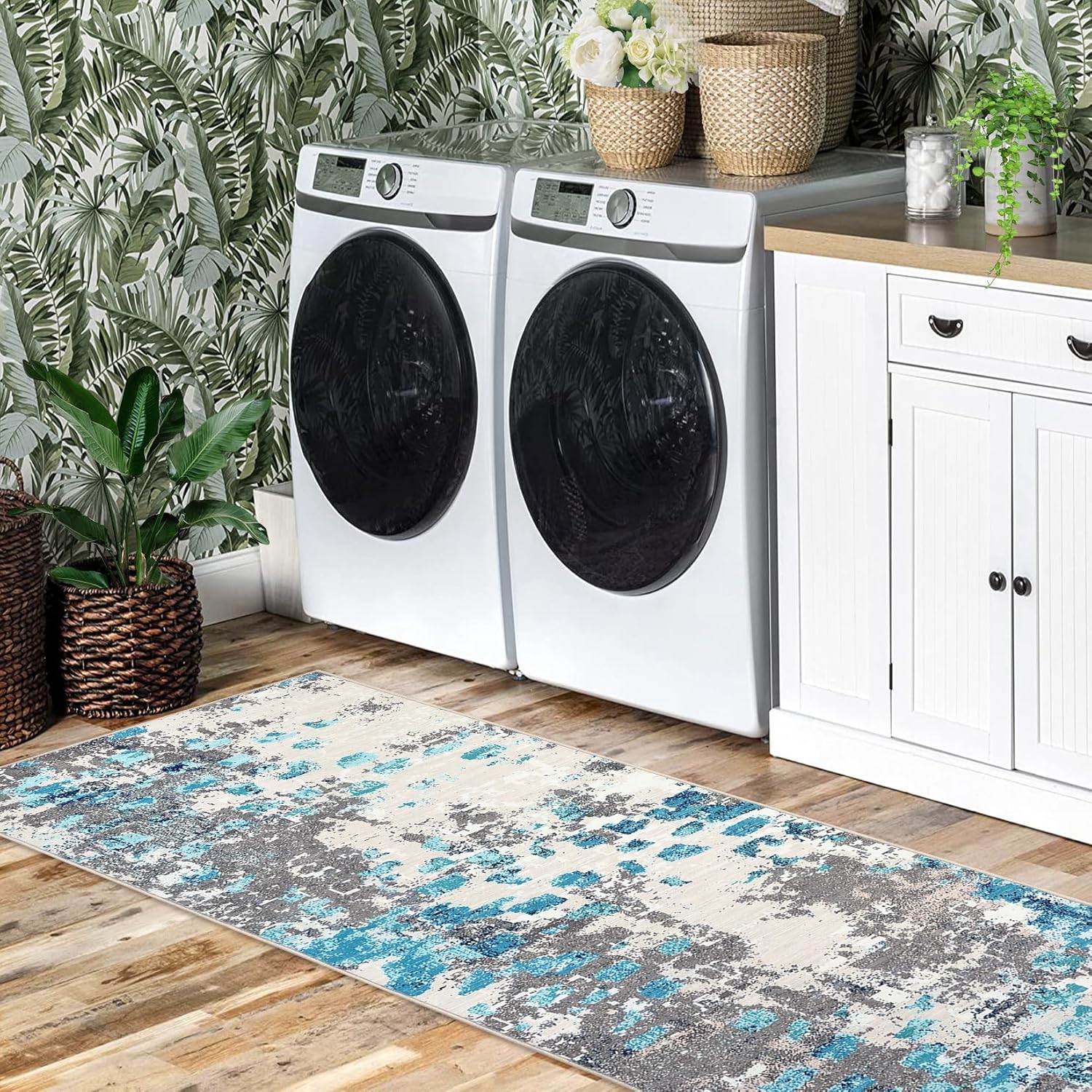 Zacoo Modern Runner Rugs for Hallway 2x6 Bathroom Rugs Artistic Abstract Rug Small Rug Kitchen Rugs Non Slip Washable Rugs Low Pile Rugs for Entryway Bedroom Laundry, 2'x6' Blue/Grey