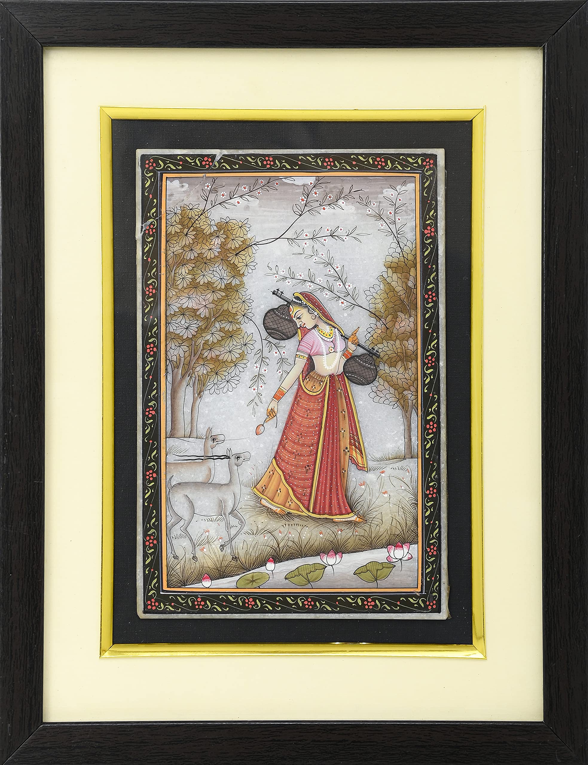 Arts & Crafts Traditional Ragini Miniature Painting on Marble | Hand-Painted Rajasthani Lady with Deer & Lotus | indian Home decor | Living Room Decor |Framed Wall Art|Housewarming gifts|