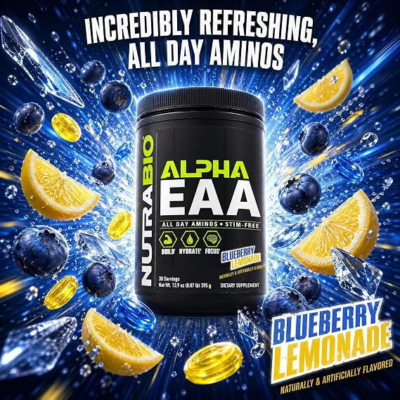 NutraBio Alpha EAA - الأحماض الأمينية طوال اليوم لنمو العضلات وترطيبها - الأحماض الأمينية الأساسية مع منشطات الذهن والمواد المتكيفة - مسحوق EAA BCAA كامل الطيف - 30 حصة - عصير ليمون التوت