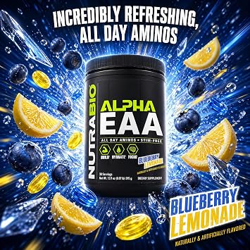 NutraBio Alpha EAA - الأحماض الأمينية طوال اليوم لنمو العضلات وترطيبها - الأحماض الأمينية الأساسية مع منشطات الذهن والمواد المتكيفة - مسحوق EAA BCAA كامل الطيف - 30 حصة - عصير ليمون التوت