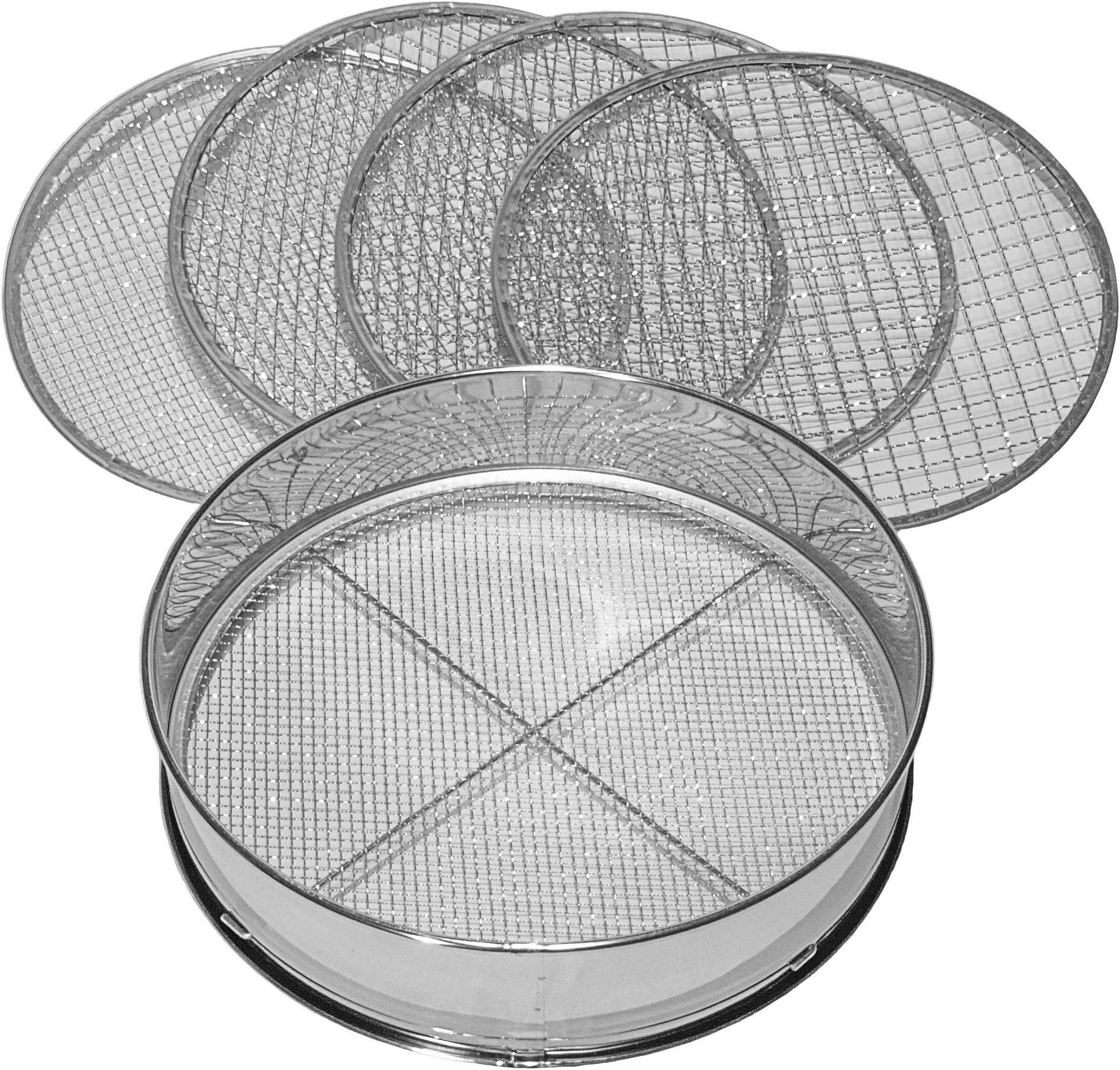 Siebmeister 5000, 5-in-1 Garden Sieve, 5 Interchangeable Sieve Inserts Diameter 3, 5, 8, 10, 12 mm Fine for Earth, Stone, Compost Weeds, Sand, Gravel and Seeds, 30 cm Round, Metal, Rust-Proof