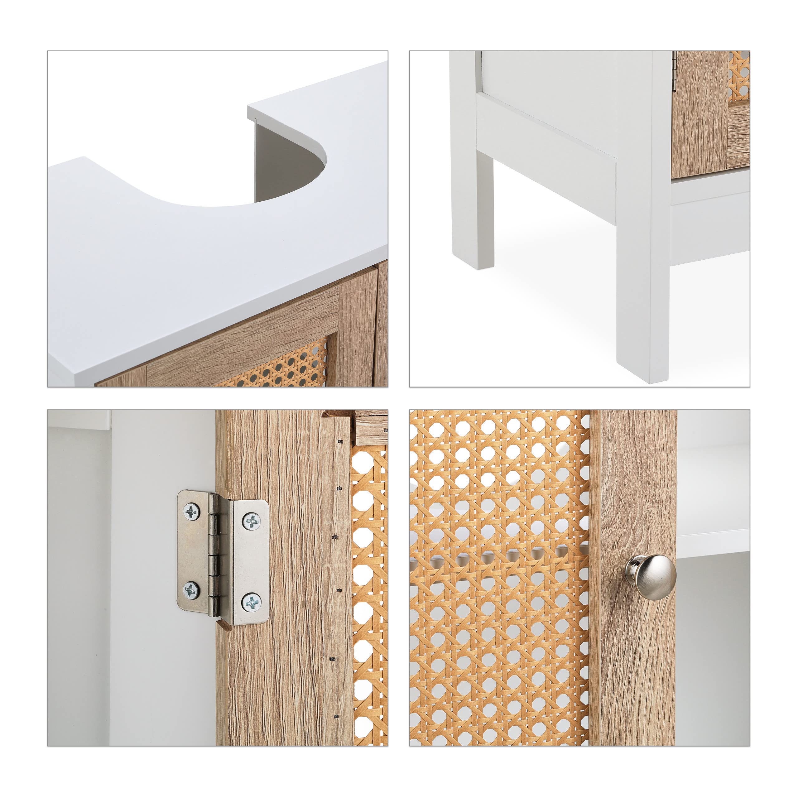 Relaxdays Mobiletto Sottolavabo a 2 Scomparti, Armadietto Lavandino, Ante in Rattan, Spazio per Sifone, Bianco Naturale