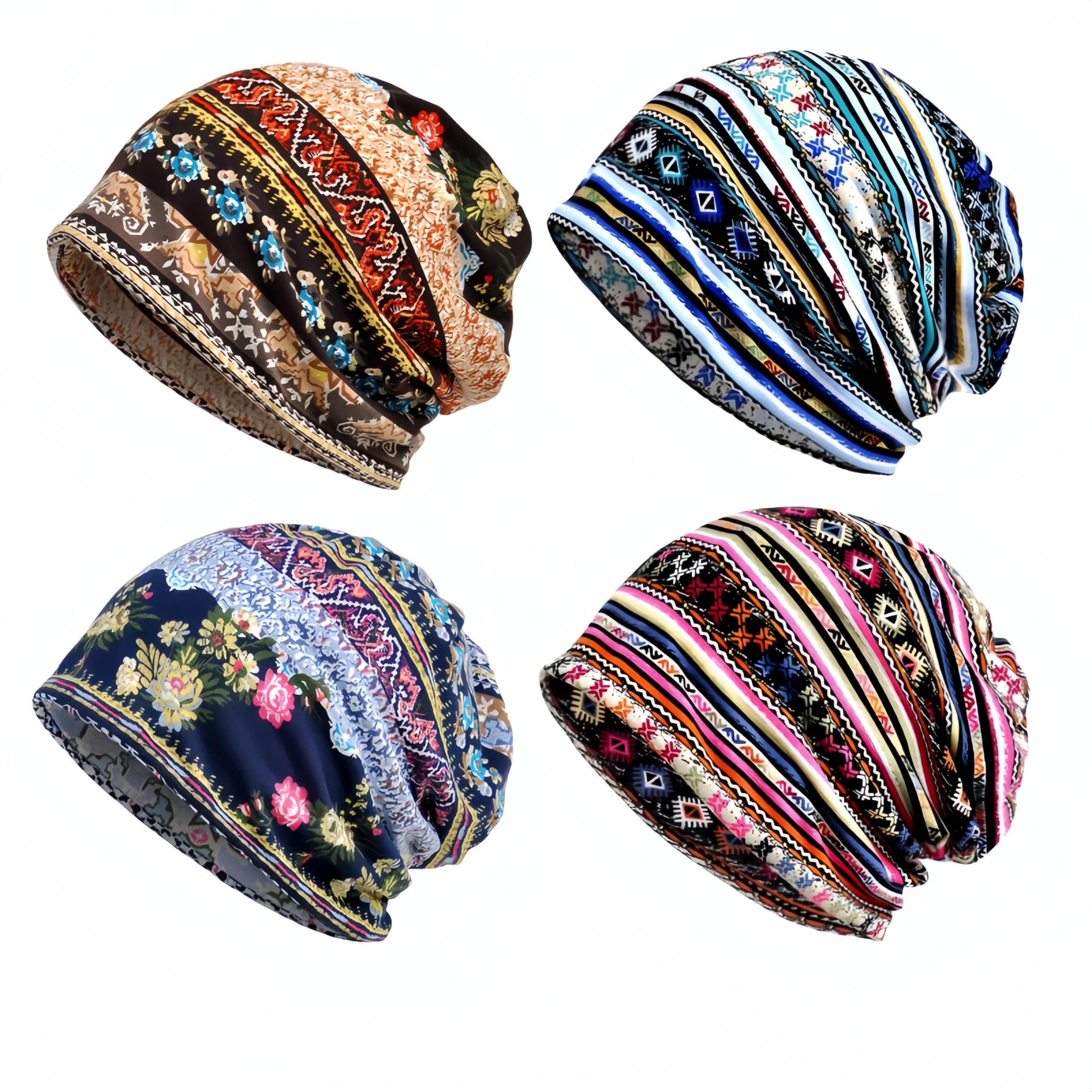 warsrnd Women's Slouchy Beanie Hat Chemo Caps Cancer Headwear Hats Turban Baggy Sleeping Cap Boho Hats (US, Alpha, One Size, 4pcs Multicolor A)