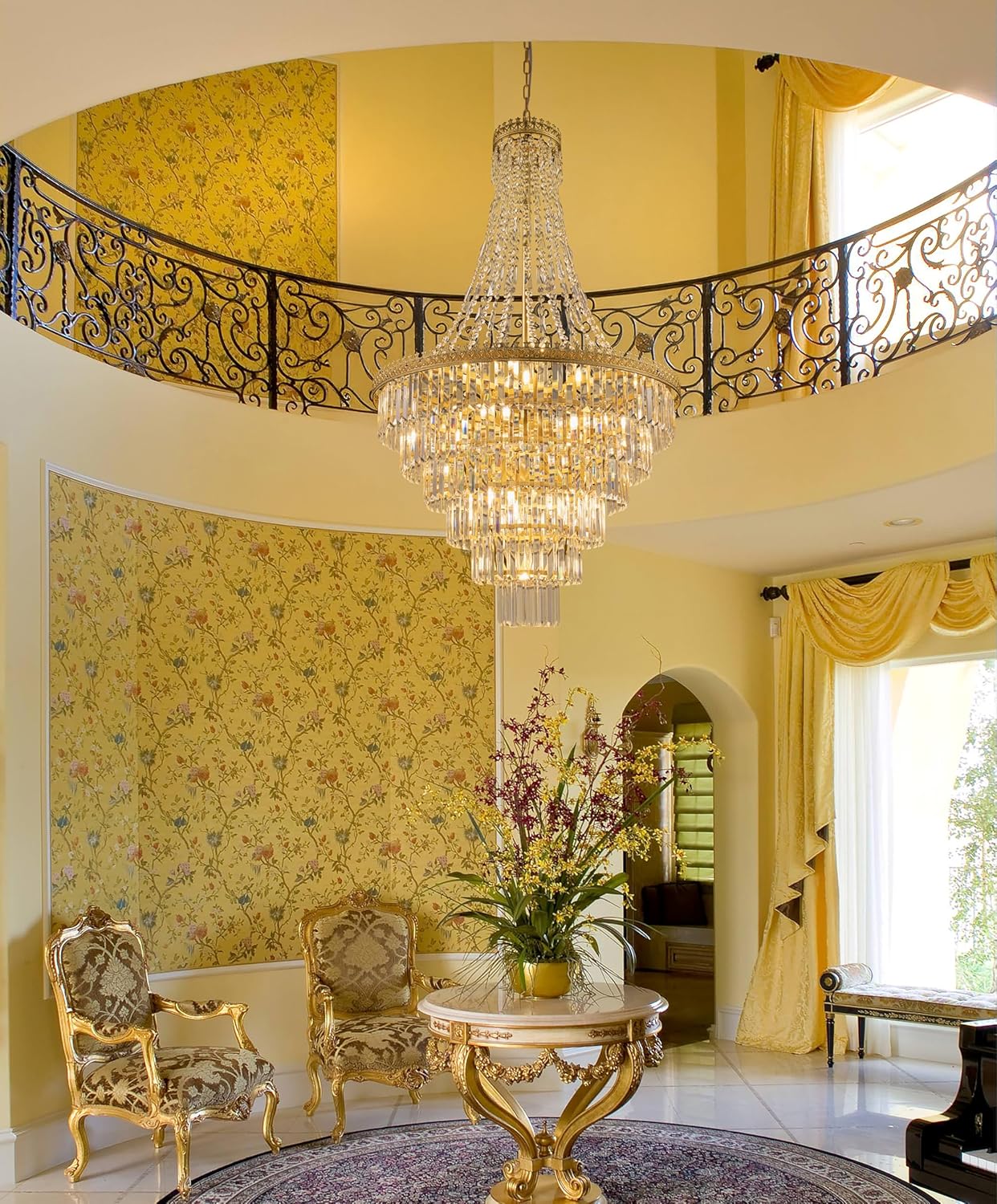 TOCHIC French Empire Crystal Chandelier Modern Farmhouse Chandelier Ceiling Light for Foyer Entryway High Ceiling, Vintage Gold Chandelier Light Fixture for Dining Living Room 28" W x 48" H