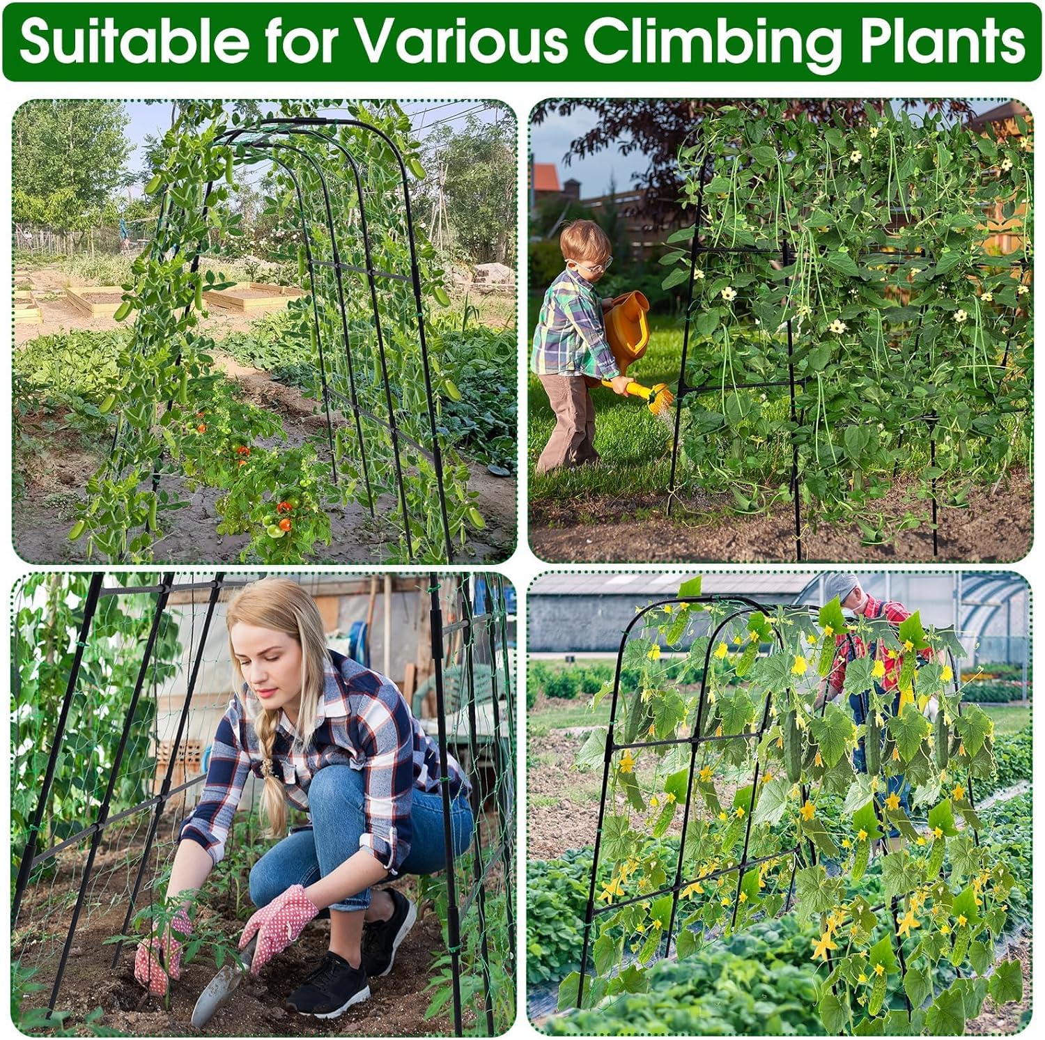 OTOSUNNY Garden Trellis for Climbing Plants Outdoor, Cucumber Trellis for Raised Bed Garden, Arch Trellis Support for Cucumbers Tomatoes Beans Peas, 50x48 inch, Metal Trellis with Netting, Black