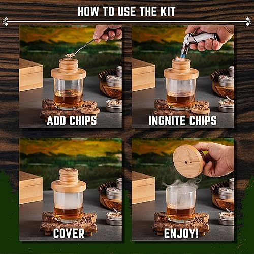 Miniatura 3 de Kit de ahumador de cóctel con antorcha, juego de infusor de ahumador de whisky a la antigua, 4 chips de madera con sabor, antorcha, libro de