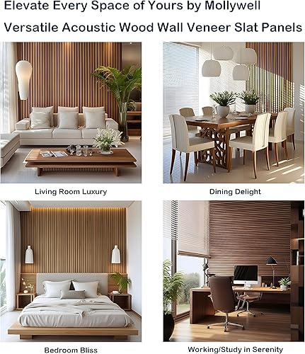 Miniatura 6 de Mollywell Panel de pared de listones de madera, fácil instalación, versátil, diseño acústico mejorado, adecuado para sala de estar, dormitorio,