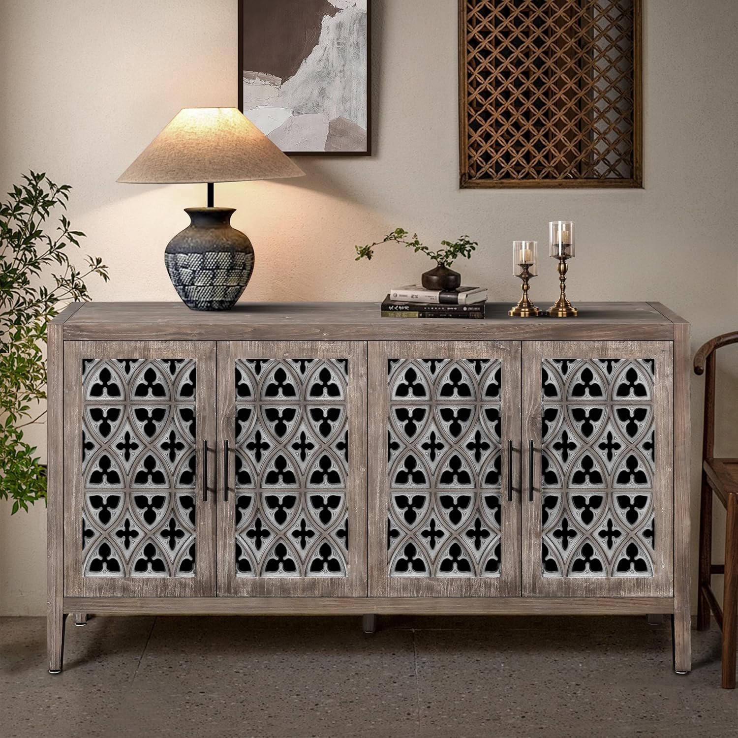60 Inch Mid-Century Modern Wood Carved Cabinet, Accent Media Credenza Console with Adjustable Shelves for Living Room, Entryway & Kitchen Storage (Antique Brown)