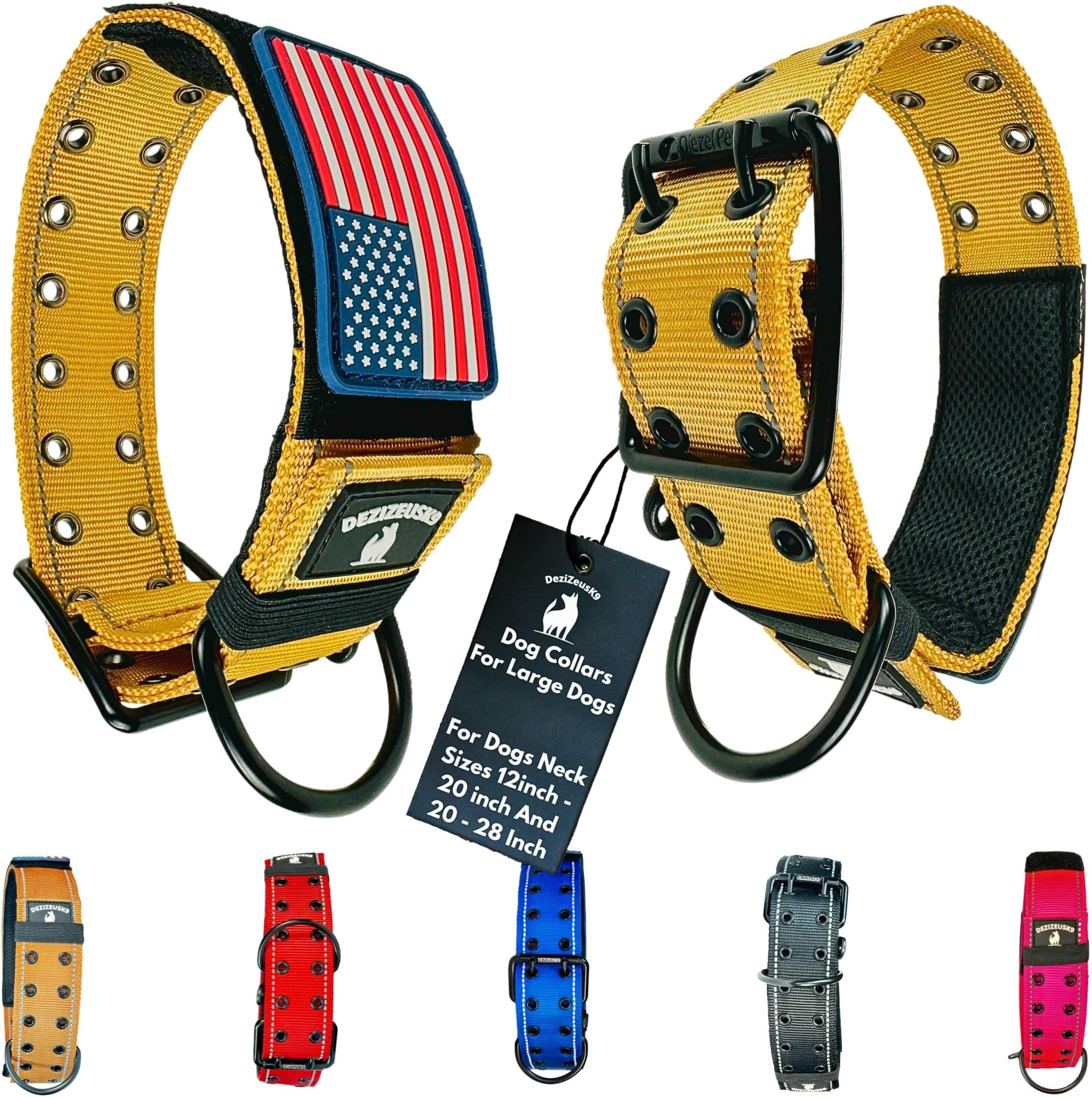Dog Collars K9 Harness Tactical Military Style - 2" Two Inch Wide Heavy Duty Thick Nylon Webbing For Strong Large XL Big Dogs - Metal Two Pin Belt Buckle - USA American Flag Patch (20"-28", TAN)