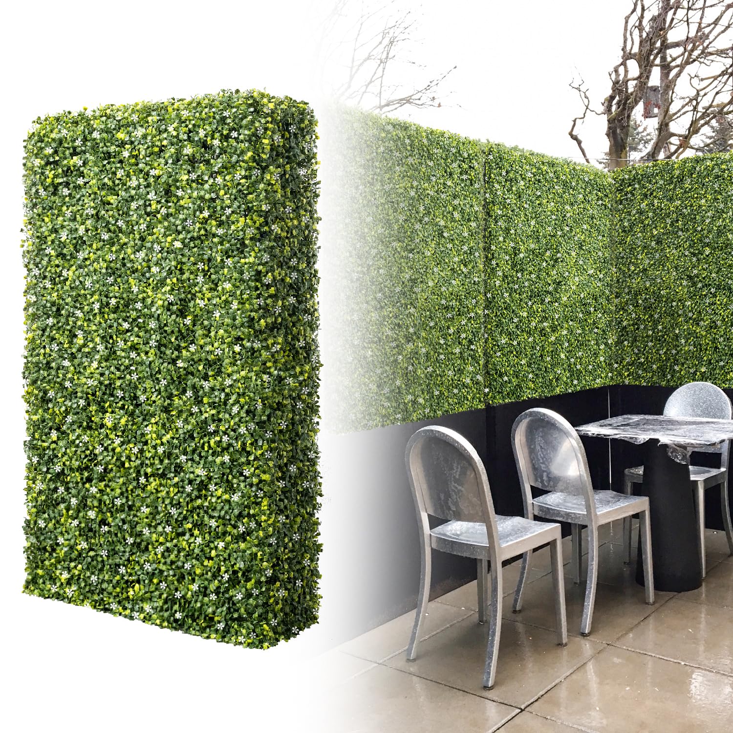 Goleray Artificial Hedge Wall 18" W x 72" H x 6" D Greenery Grass Wall Backdrop with White Flowers, Faux Boxwood Panels Privacy Fence Outdoor Garden