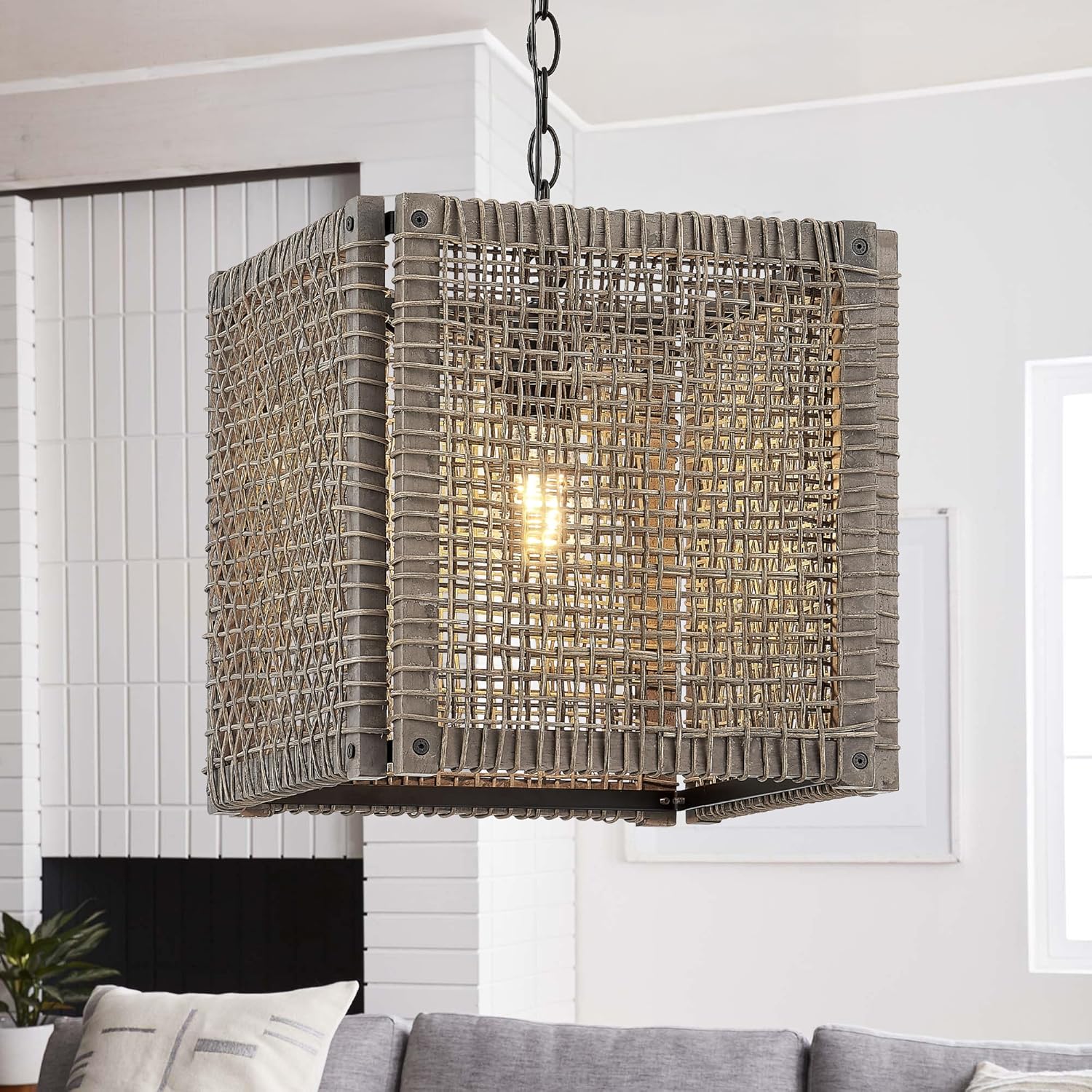 ELYONA Farmhouse Rattan Chandelier 12" Handwoven Pendant Light Fixtures with Gray Square Solid Wood Frame, Adjustable Hanging Lamp for Kitchen Island, Dining Room, Living Room, Bedroom, Bar, Hallway