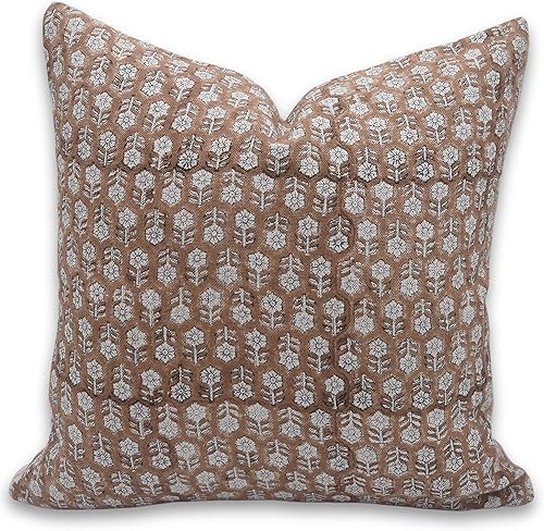 Fundas de almohada artísticas hechas a mano con estampado de bloques de tela de lino gruesa de 20 x 20 pulgadas, fundas decorativas para sofá, sala