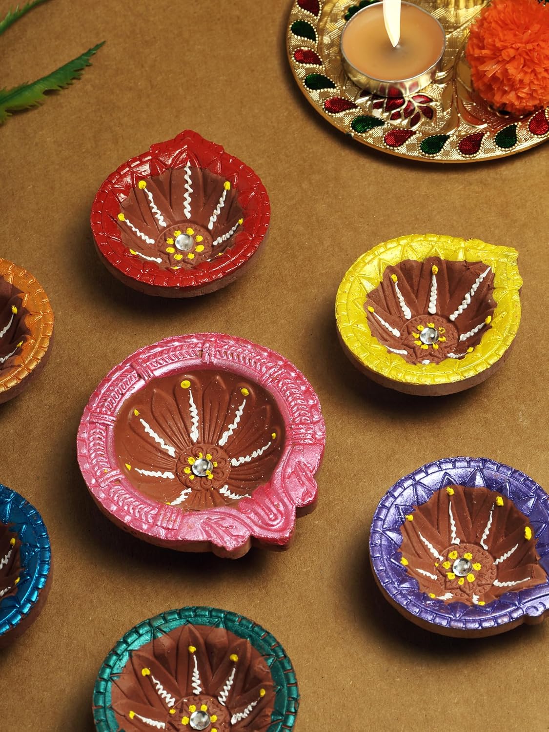 TRBD7-05 Handmade Multicolor Clay Diya Set of 7 for Navratri & Diwali Decorations Tea Light Holder Indian Festival Decor