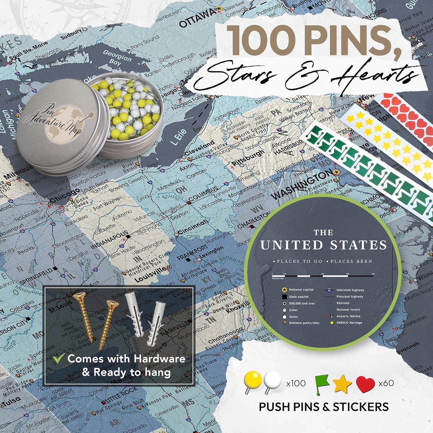 Pin Adventure map Personalized Push Pin USA Map on Canvas | Large Wall Map of United States for Travel Tracking | Custom US Map with Pins for Home Decor | Detailed US map for travel