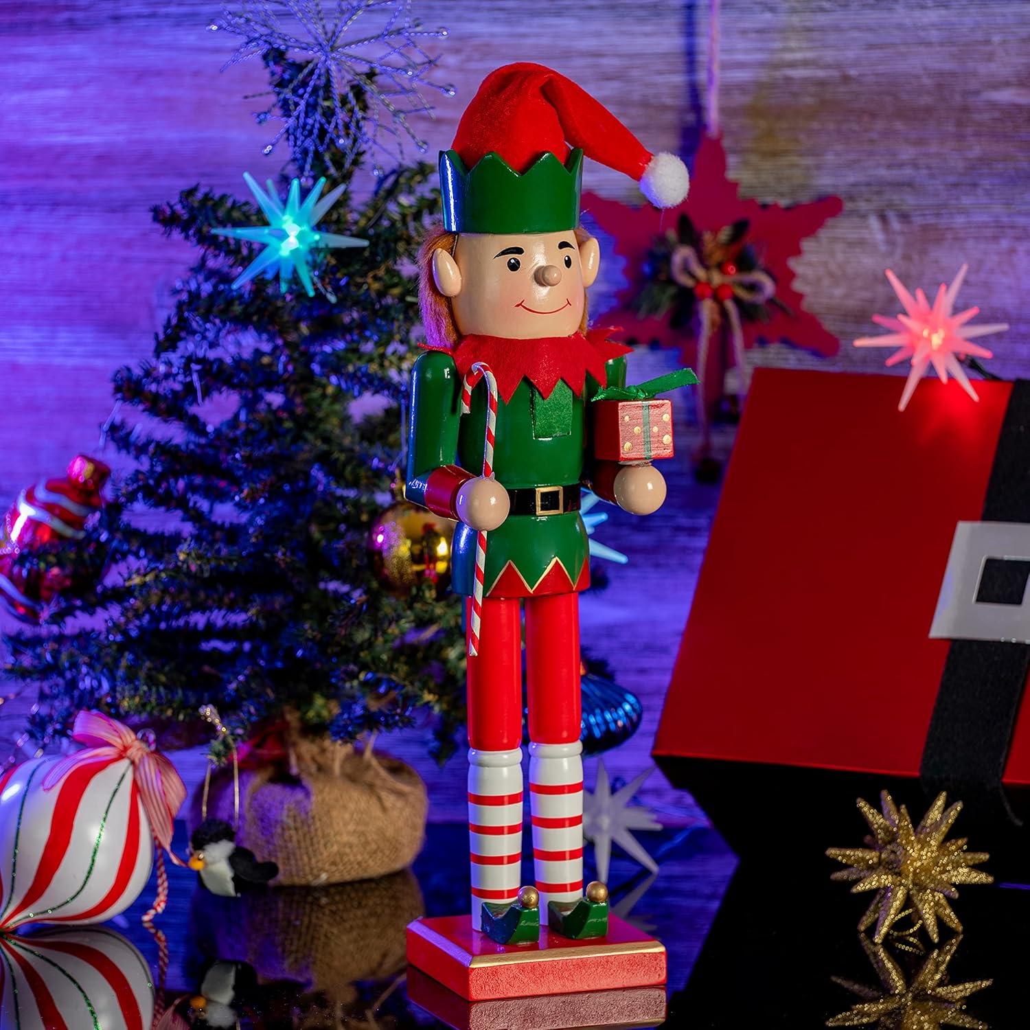 Ornativity Christmas Elf Holiday Nutcracker – Red and Green Wooden Elf with Candy Cane and Gift Box Xmas Themed Holiday Nut Cracker Figure Decorations 15"