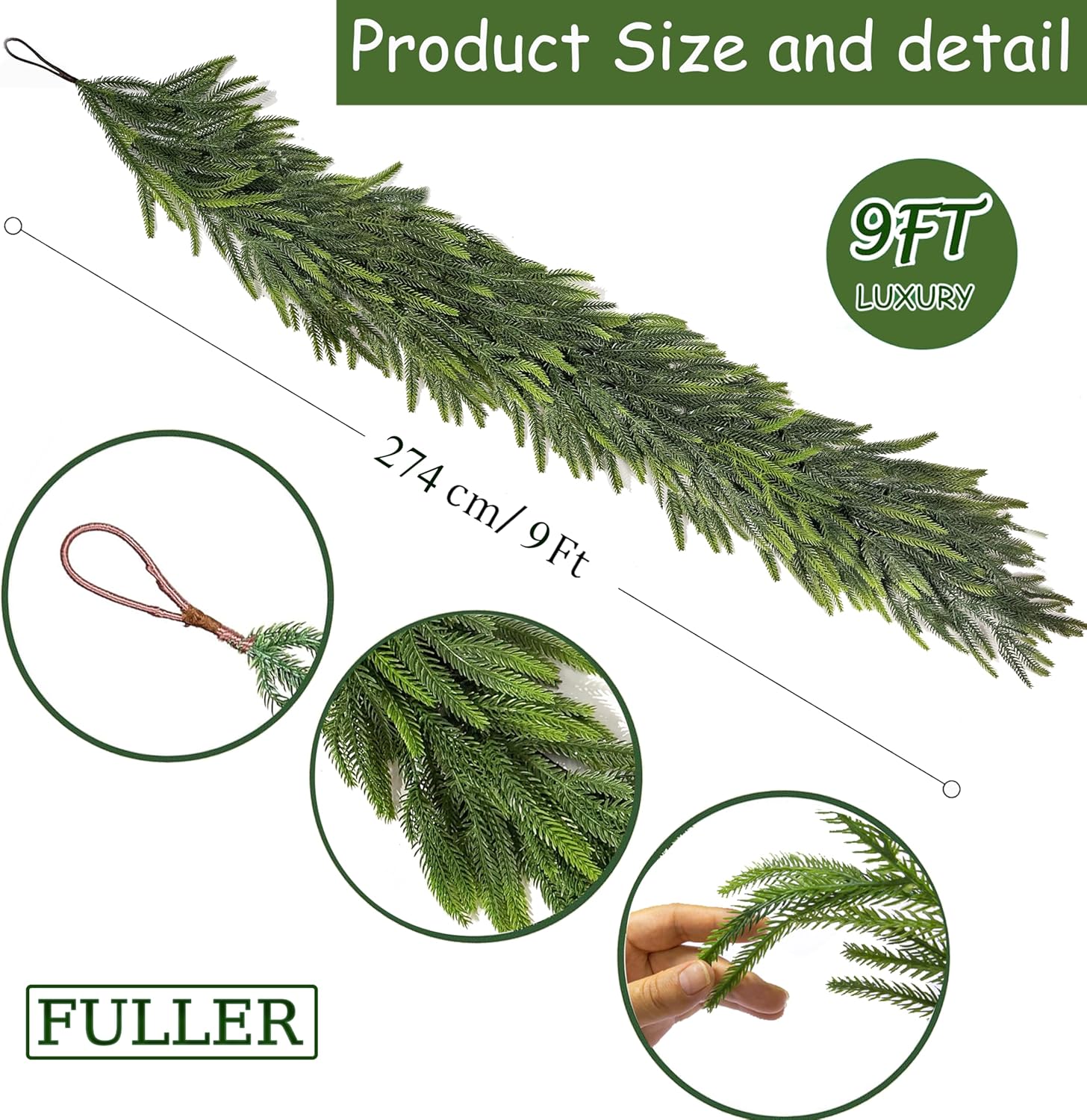 2 Pcs 9 Ft Christmas Garland Real Touch Norfolk Pine Garland Christmas Decorations Realistic Greenery Winter Pine Garland for Mantle, Table, Stairs, Fireplace Indoor Outdoor Home Holiday Xmas Decor - Image 3