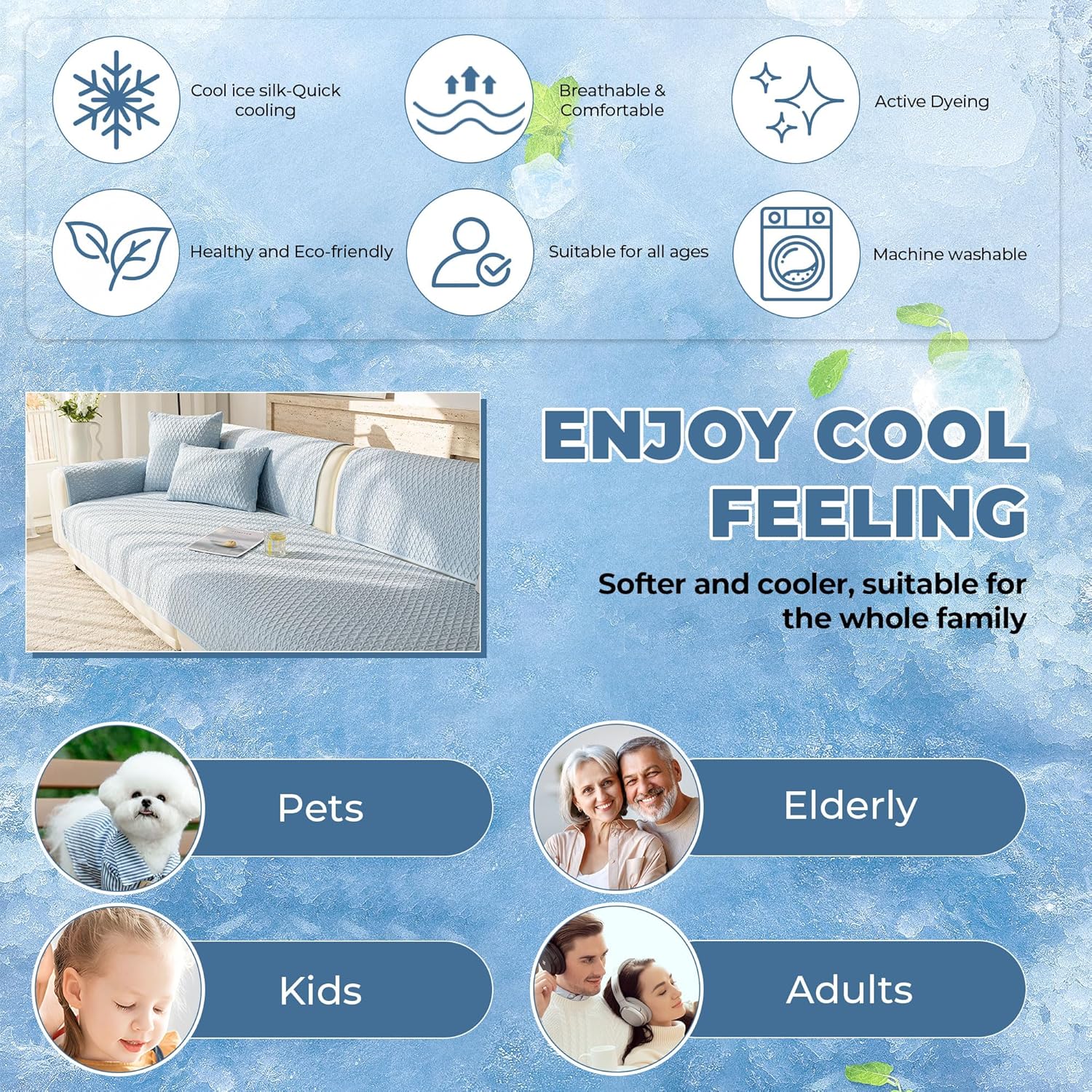 OTOB Self Cooling Pet Friendly Couch Covers for Sofa Washable Ice Silk Fabric, Anti-Slip Love Seat Sofa Slipcovers Dog Sofa Cover Soft Sectional Furniture Protector, 1 Piece (Frost Blue, 27.6"x59.1")