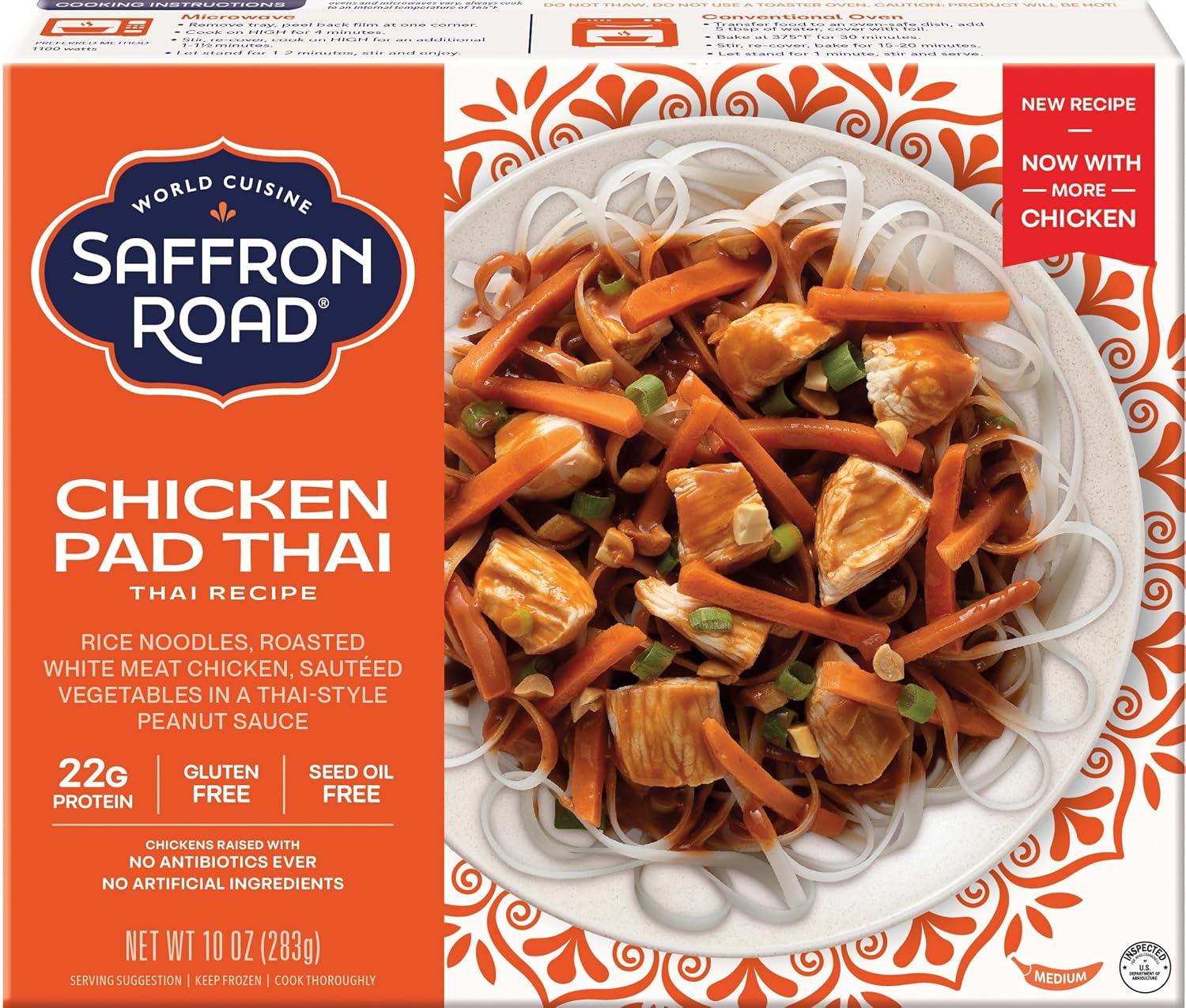 Saffron Road Chicken Pad Thai Frozen Meal: High Protein, Gluten-Free, Seed Oil Free, Antibiotic-Free Chicken - 10oz