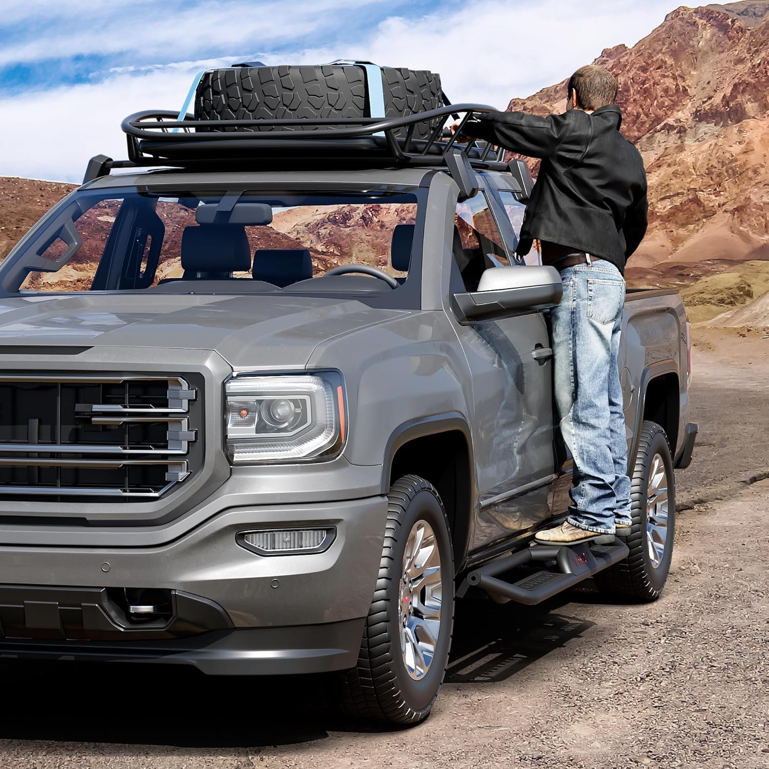 Running Boards 6.5 Inches with Two Stairs Design Compatible with 2015-2022 Chevy Colorado/GMC Canyon Crew Cab（4 Full-Size Doors）, All-Steel Build, Bolt-on Side Steps, Powder Coated Nerf Bar